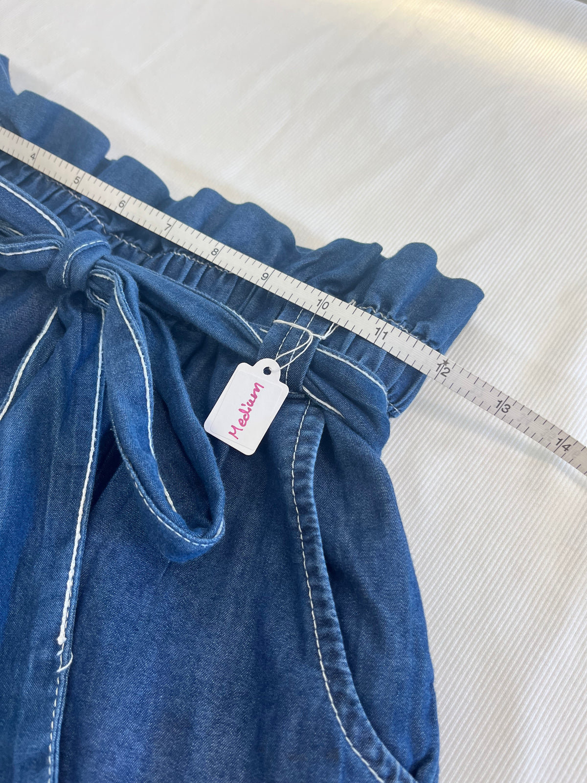 Dark Wash Paper-bag Waist Shorts