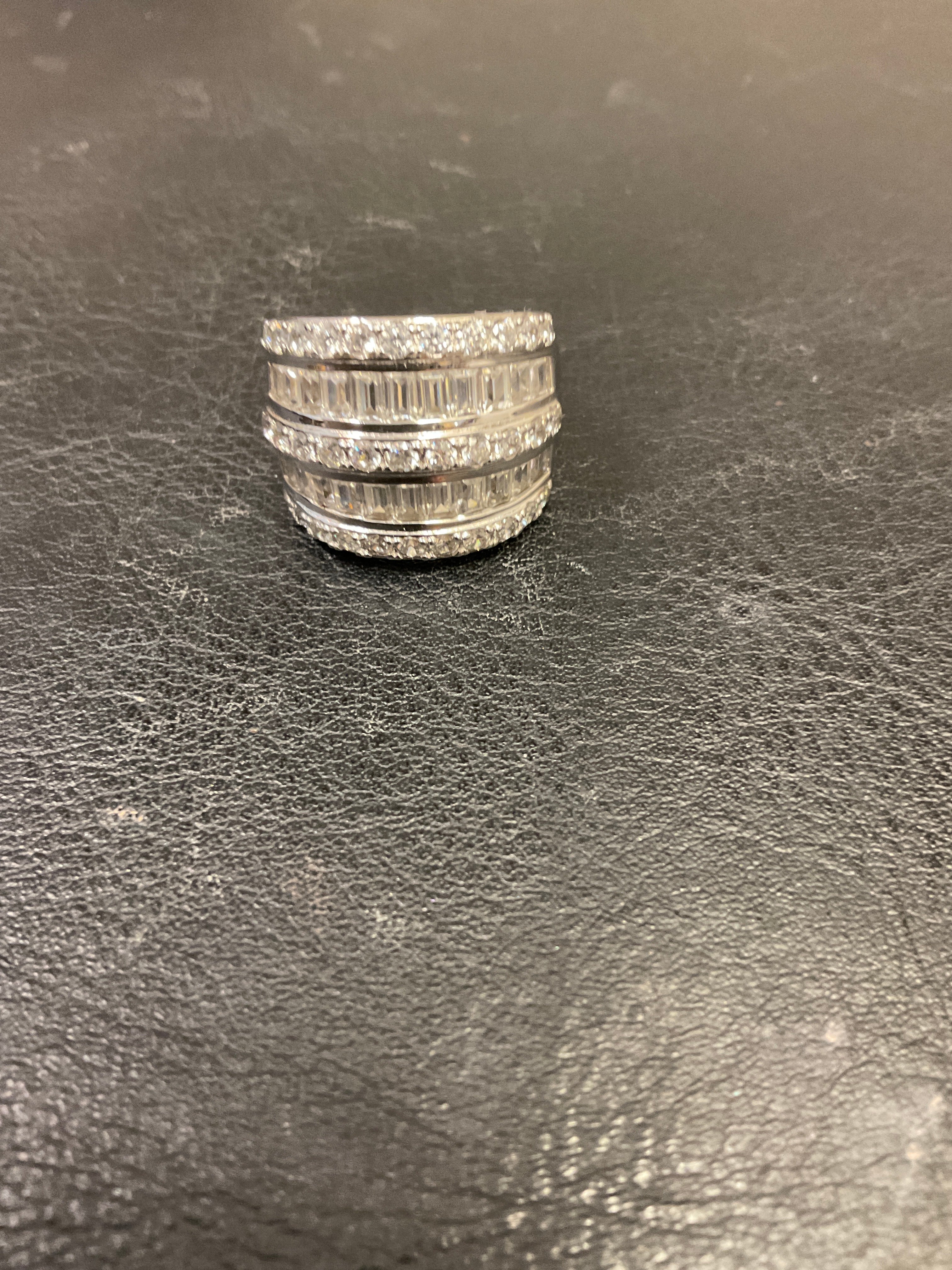Sterling Silver Wide 5 Row Channel Set Baguette and Round CZ Modernist Band Ring