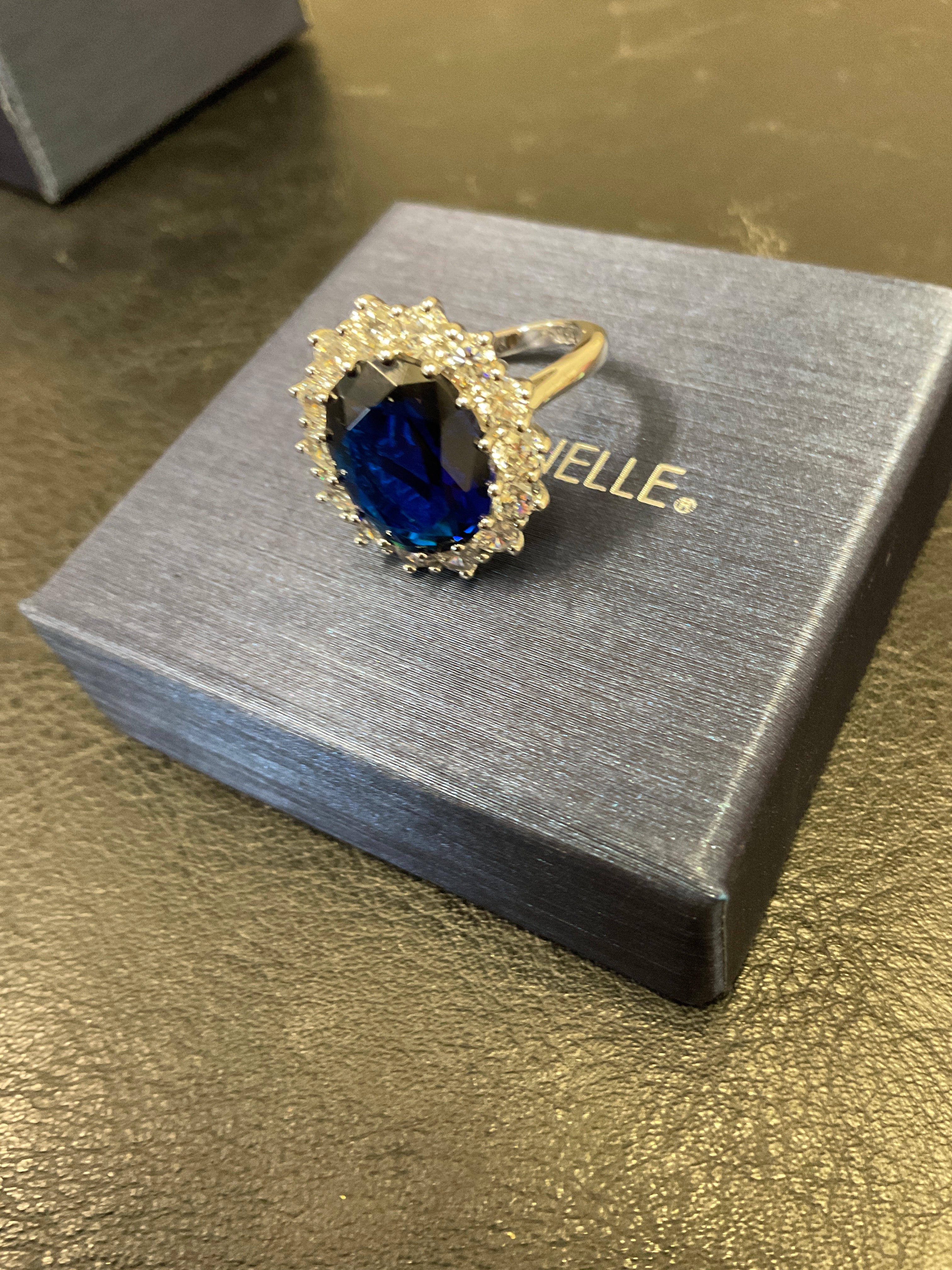 Vintage Art Deco Style Cocktail Ring with Large Oval Solitaire AAA CZ Baguette Halo Simulated Sapphire Blue