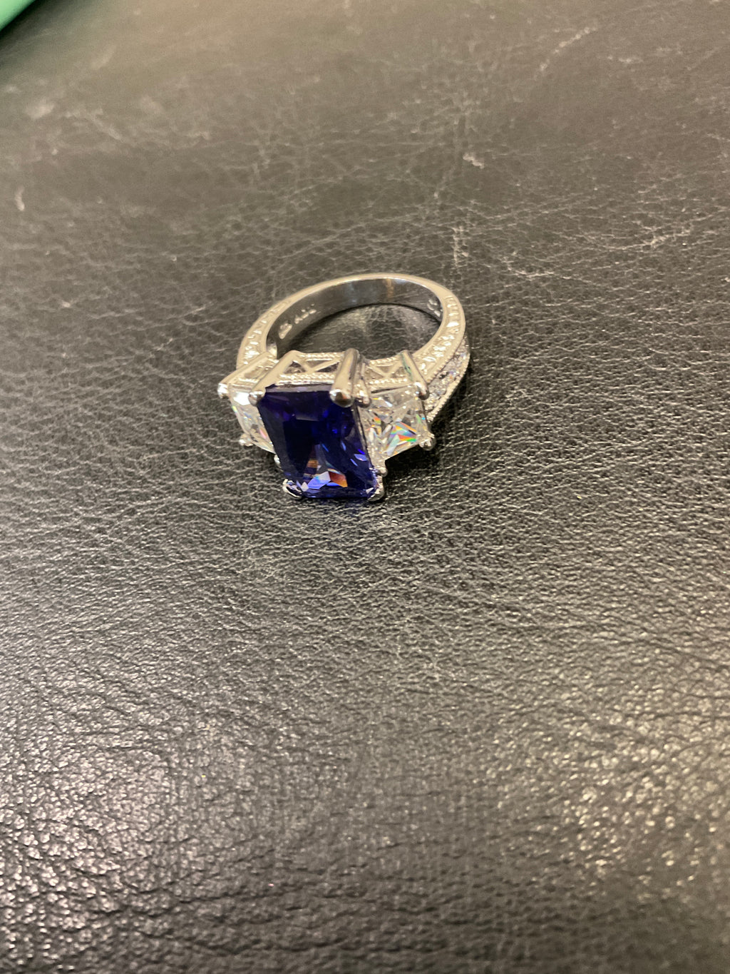 Sterling Silver Rectangular Blue CZ Ring