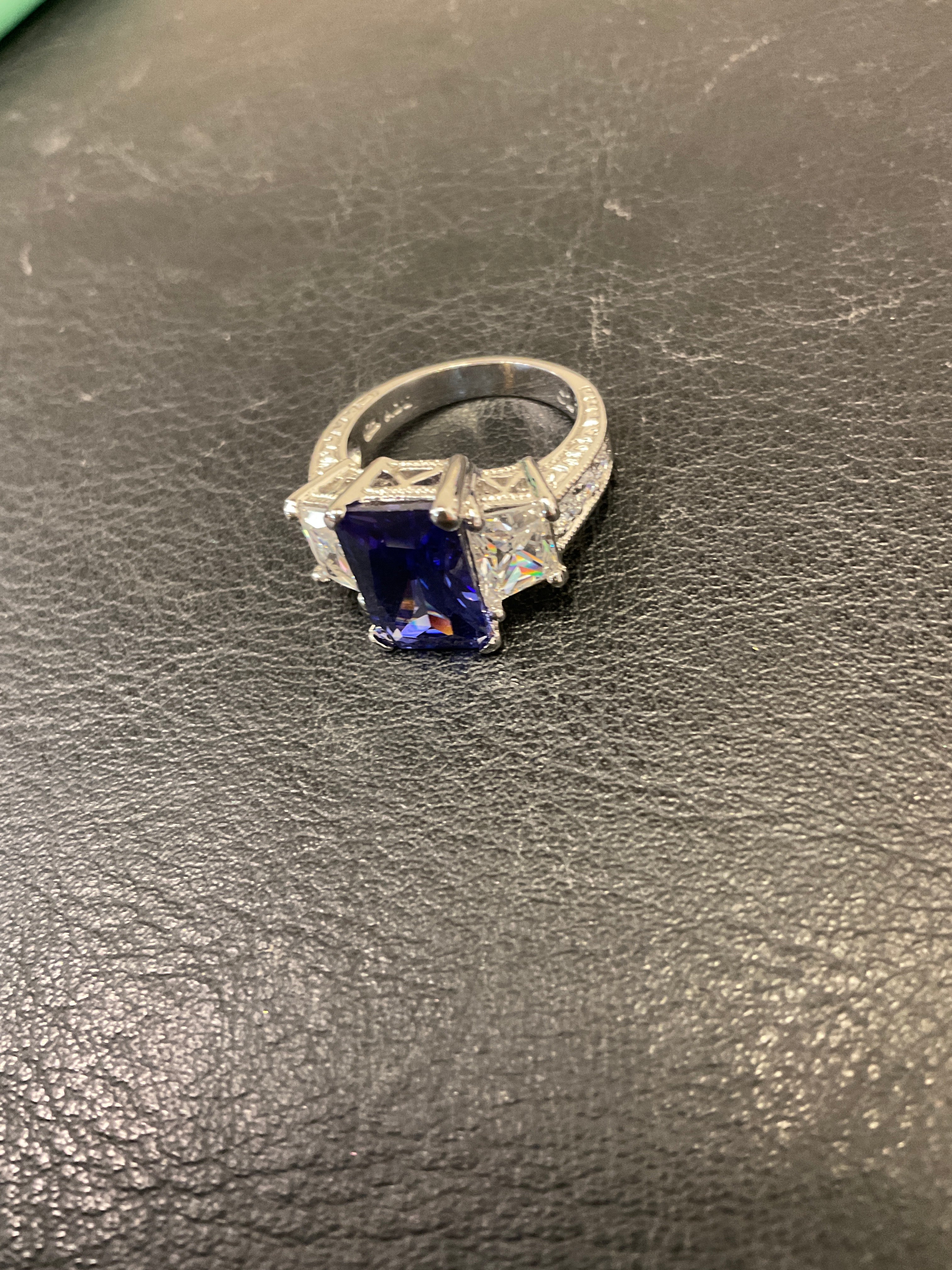 Sterling Silver Rectangular Blue CZ Ring