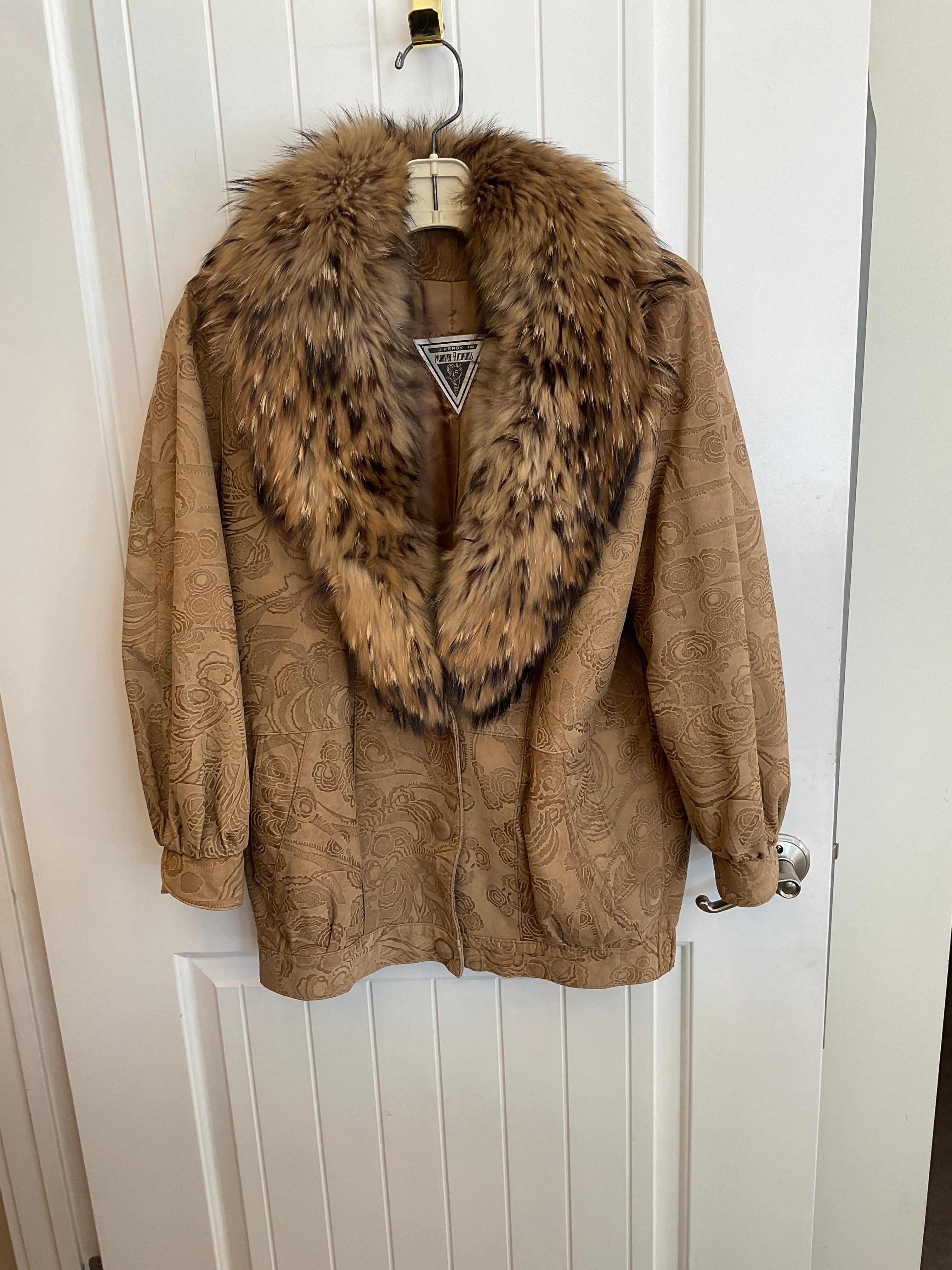 J Percy for Marvin Richards Tan Suede with Finnish Raccoon Collar size small oversized