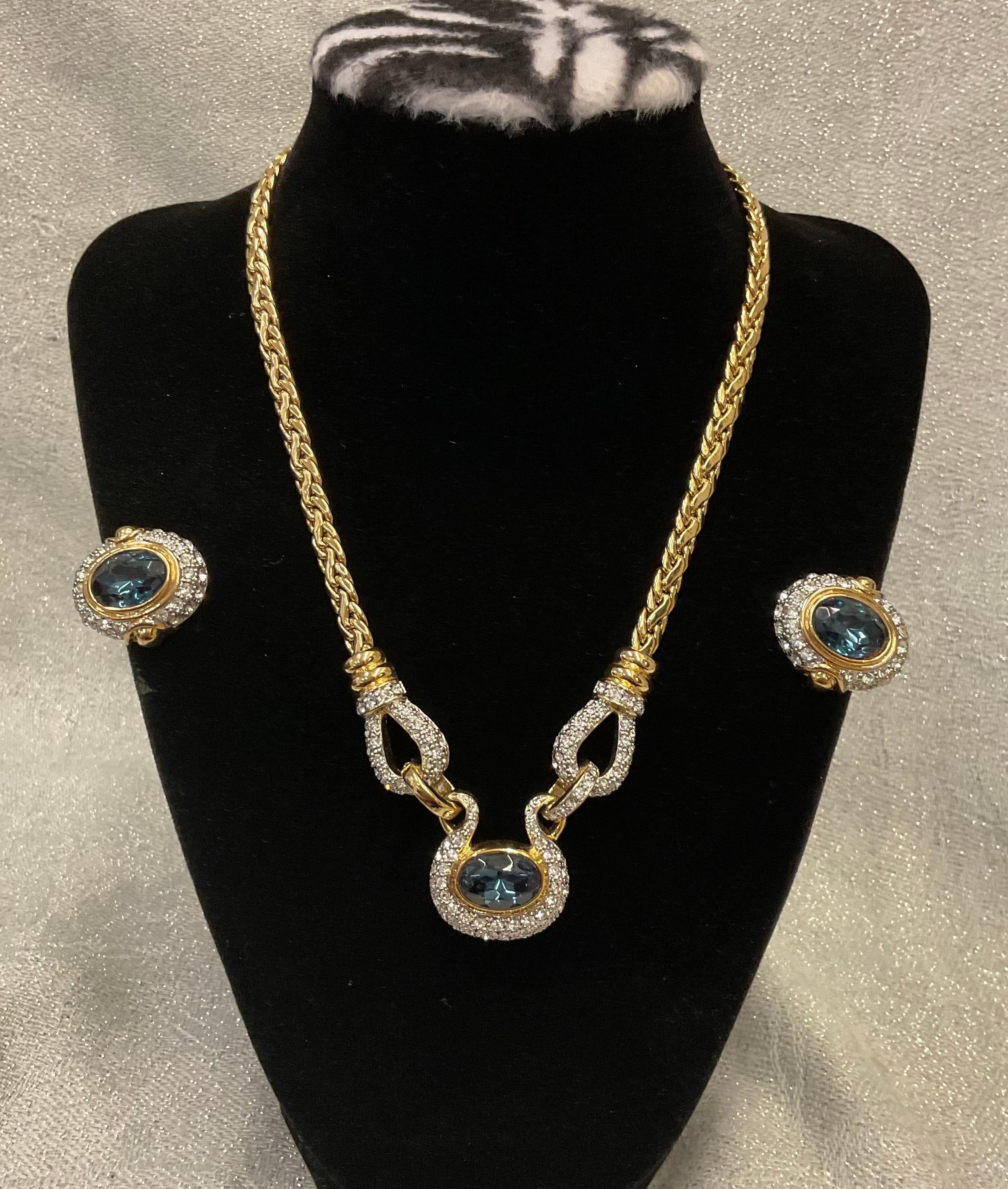 Vintage gold chain sapphire blue crystal necklace and clip on earrings set