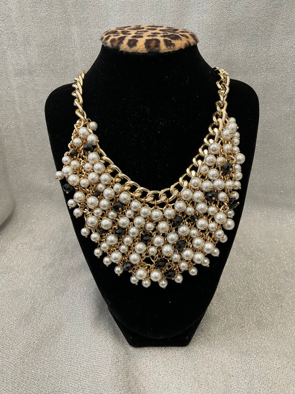 gold and pearl crystal bead bib necklace