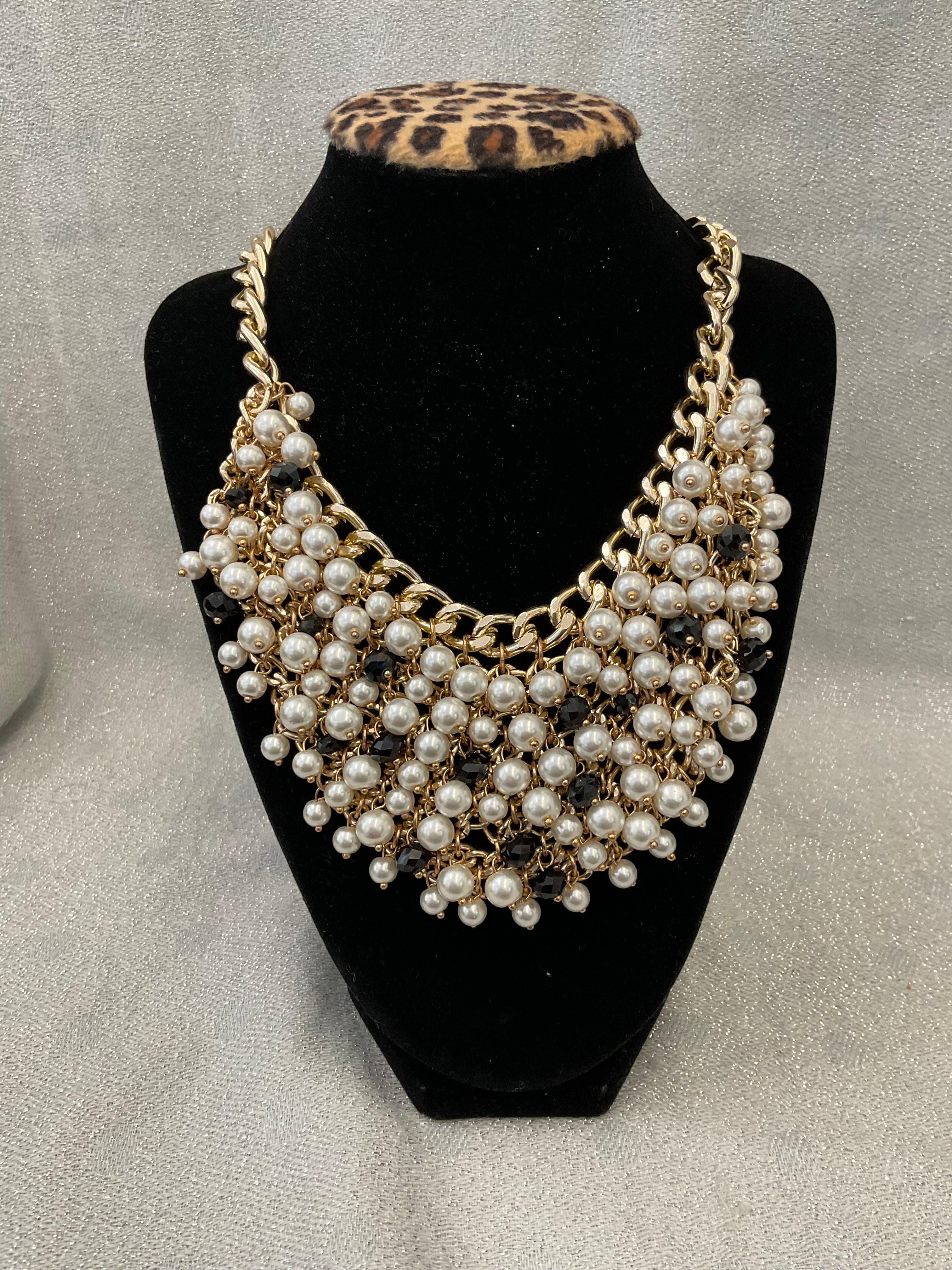 gold and pearl crystal bead bib necklace