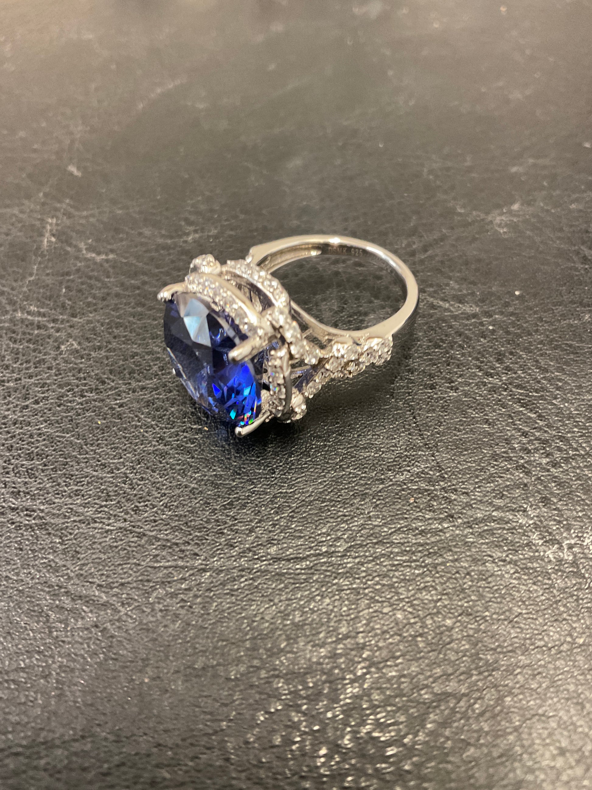 Faux Sapphire Diamond Halo 925 Silver Ring Size 6 Engagement Ring