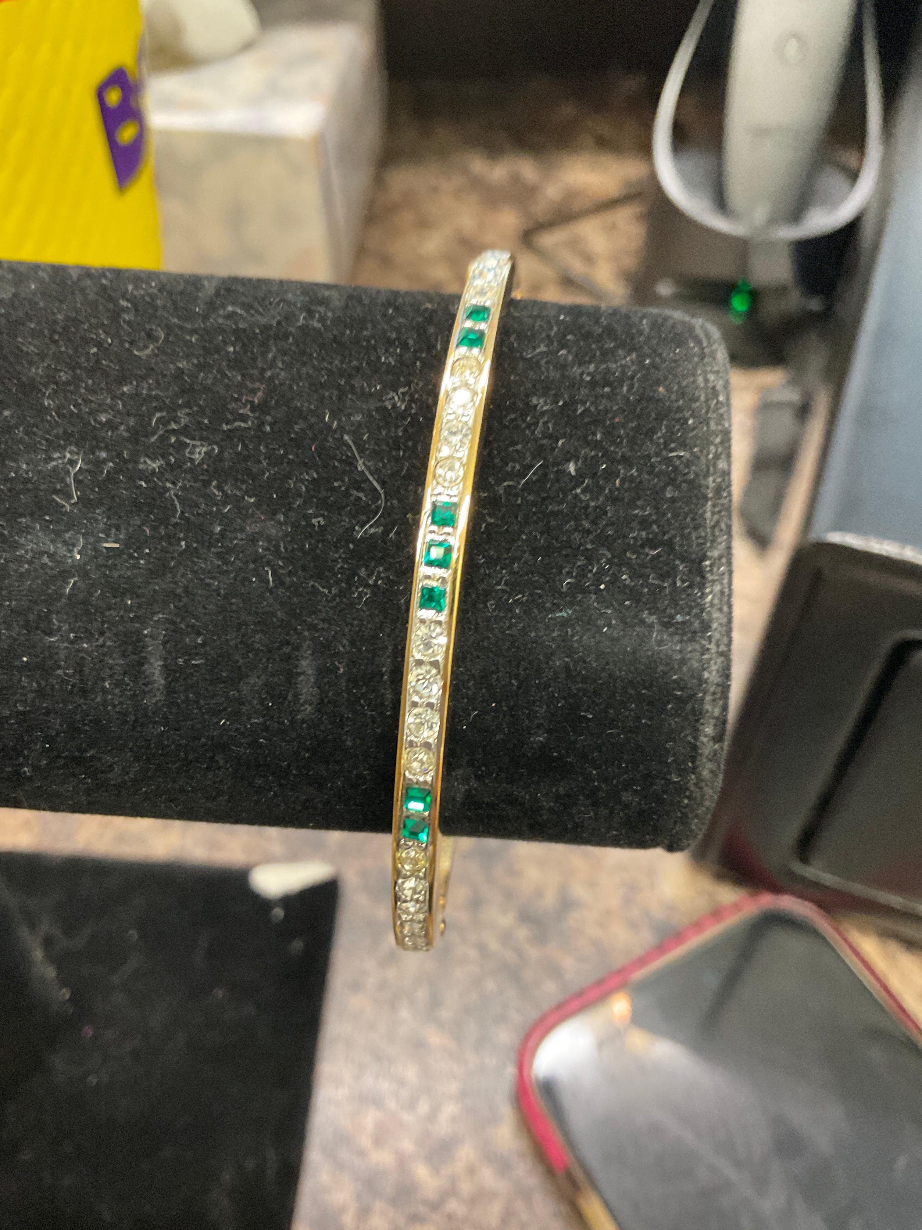 Swarovski green, Clear Hinged Bangle, Goldtone Signed 6.5 Inches