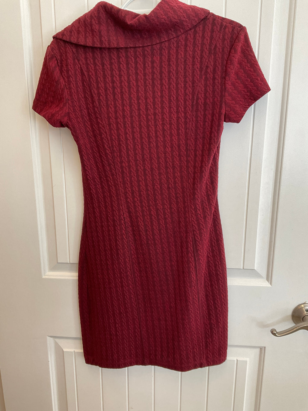 Red le chateau dress with cowel neckline and zipper on collar