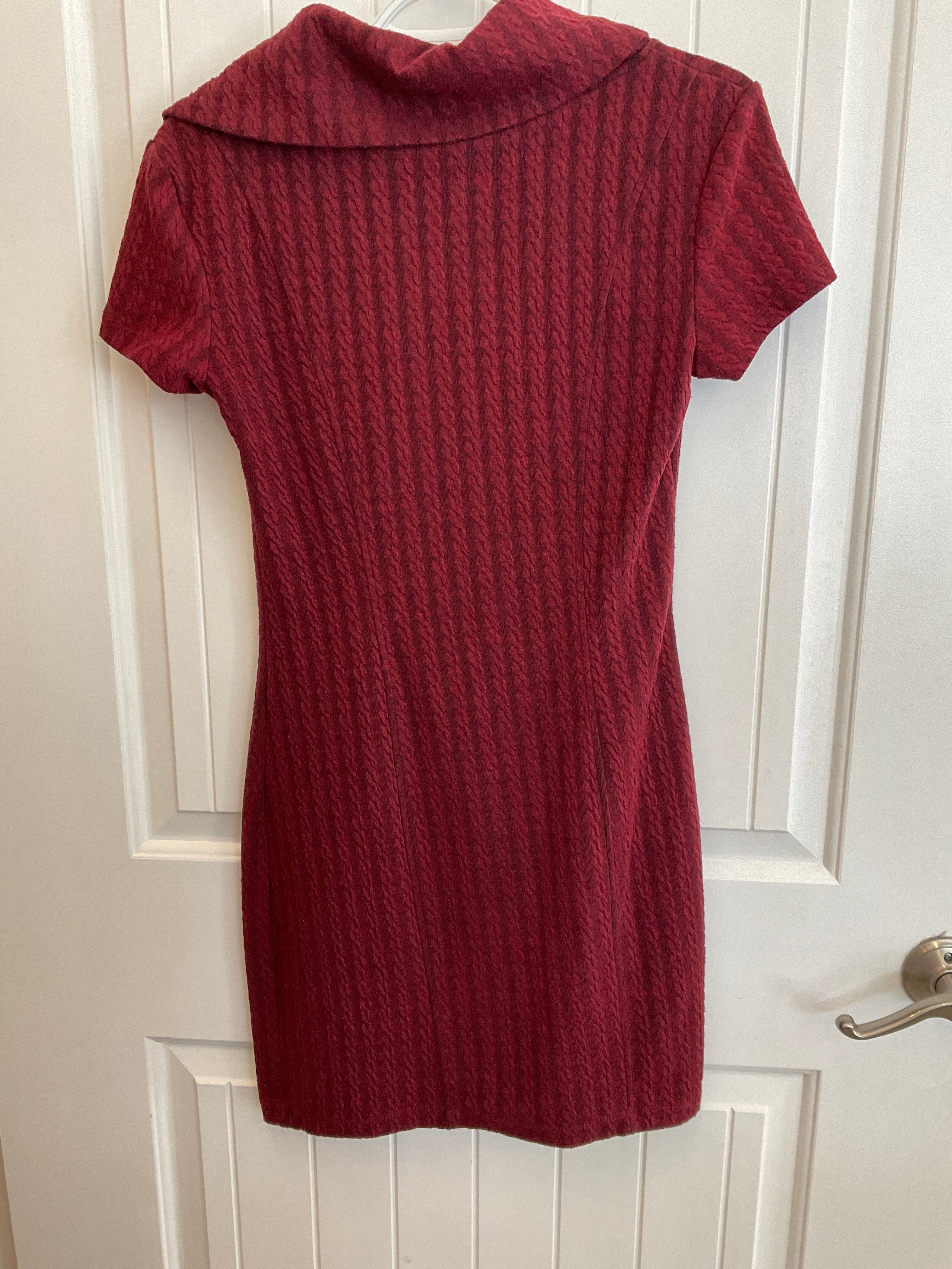 Red le chateau dress with cowel neckline and zipper on collar