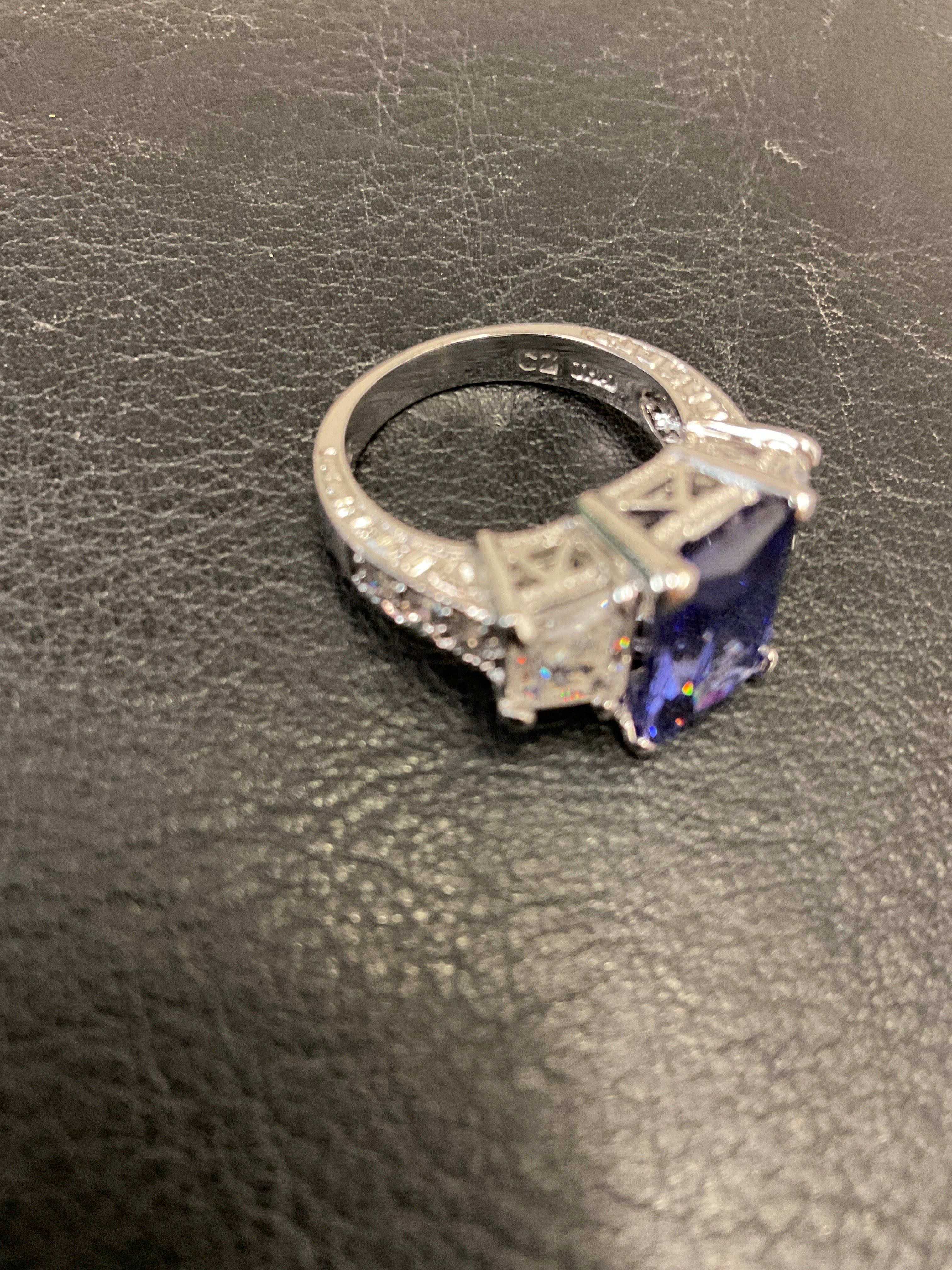 Sterling Silver Rectangular Blue CZ Ring