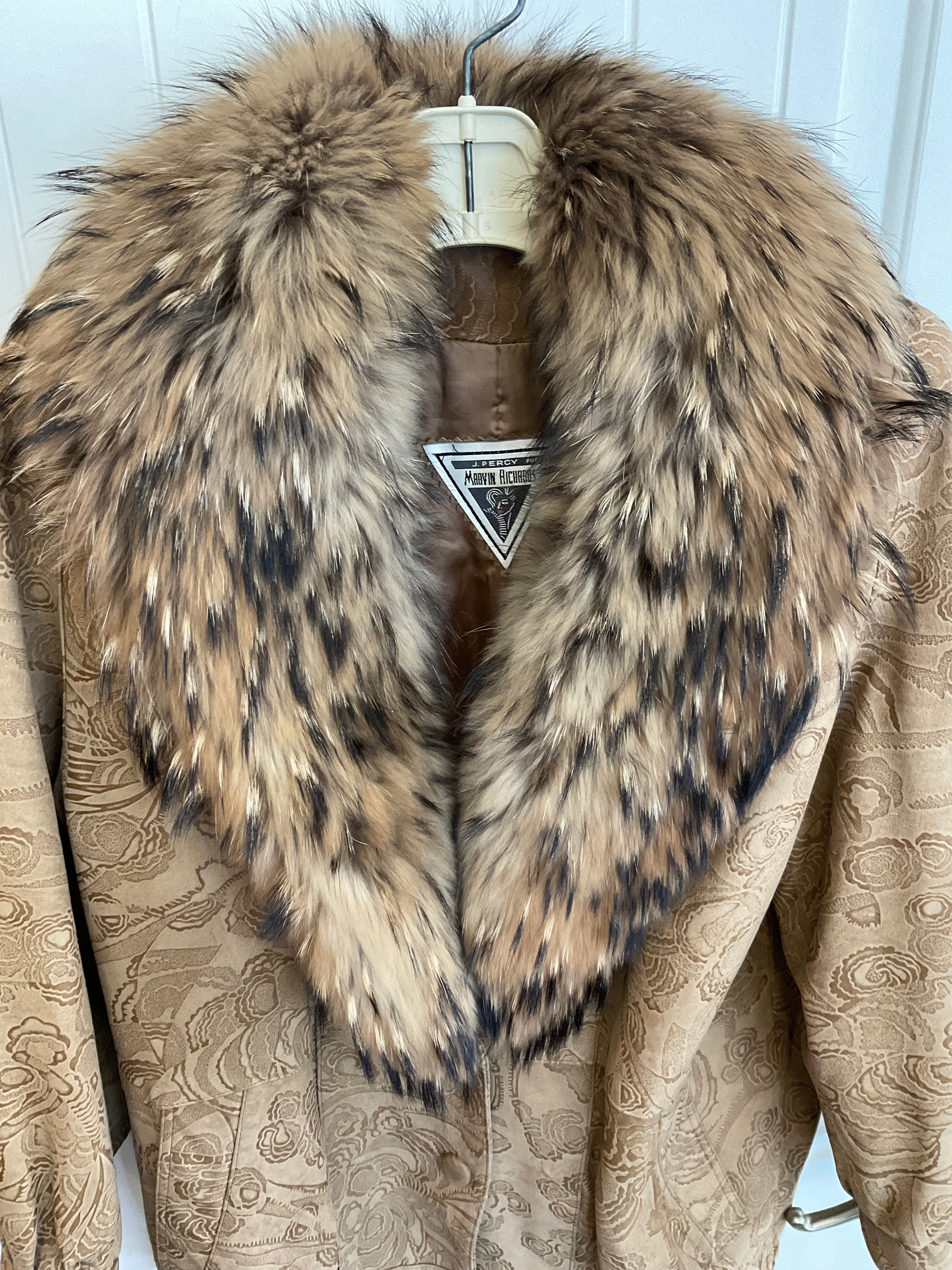 J Percy for Marvin Richards Tan Suede with Finnish Raccoon Collar size small oversized