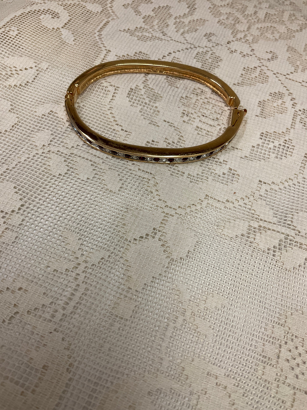 Swarovski Red, Clear Hinged Bangle, Goldtone Signed 6.5 Inches