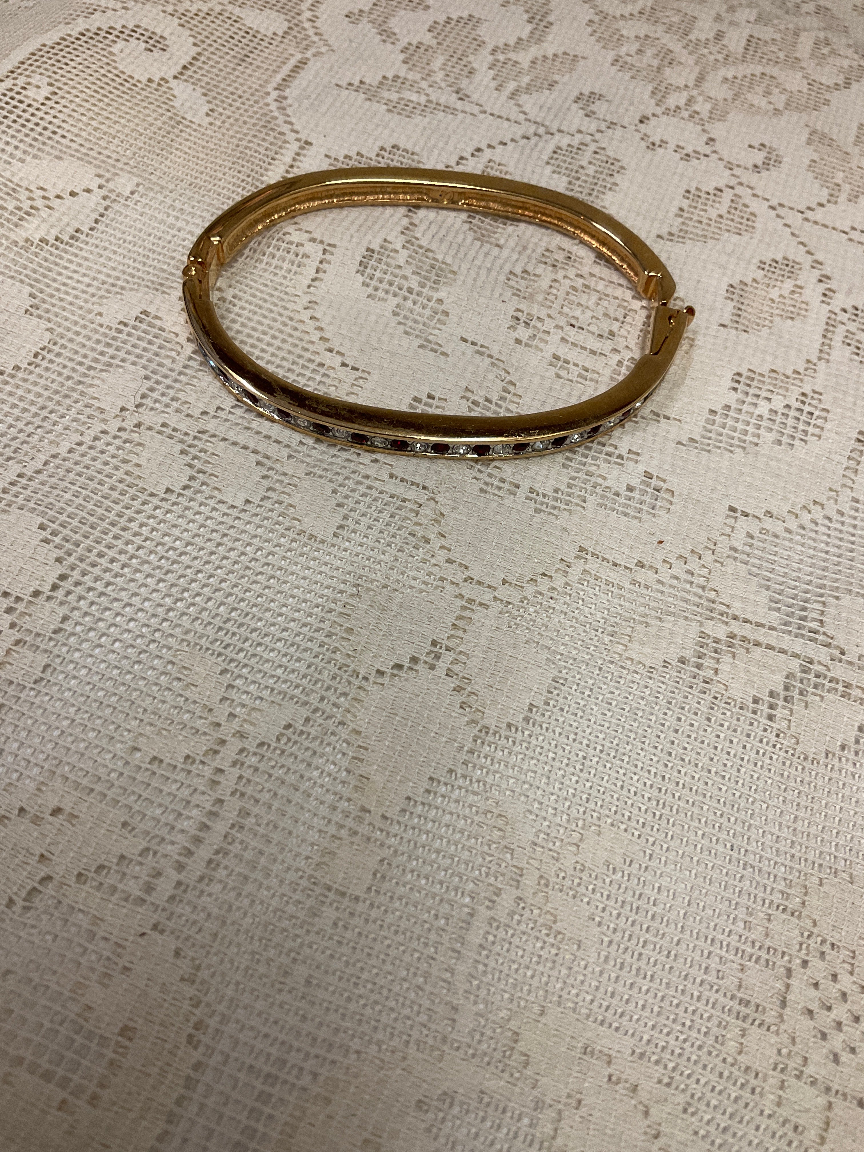 Swarovski Red, Clear Hinged Bangle, Goldtone Signed 6.5 Inches