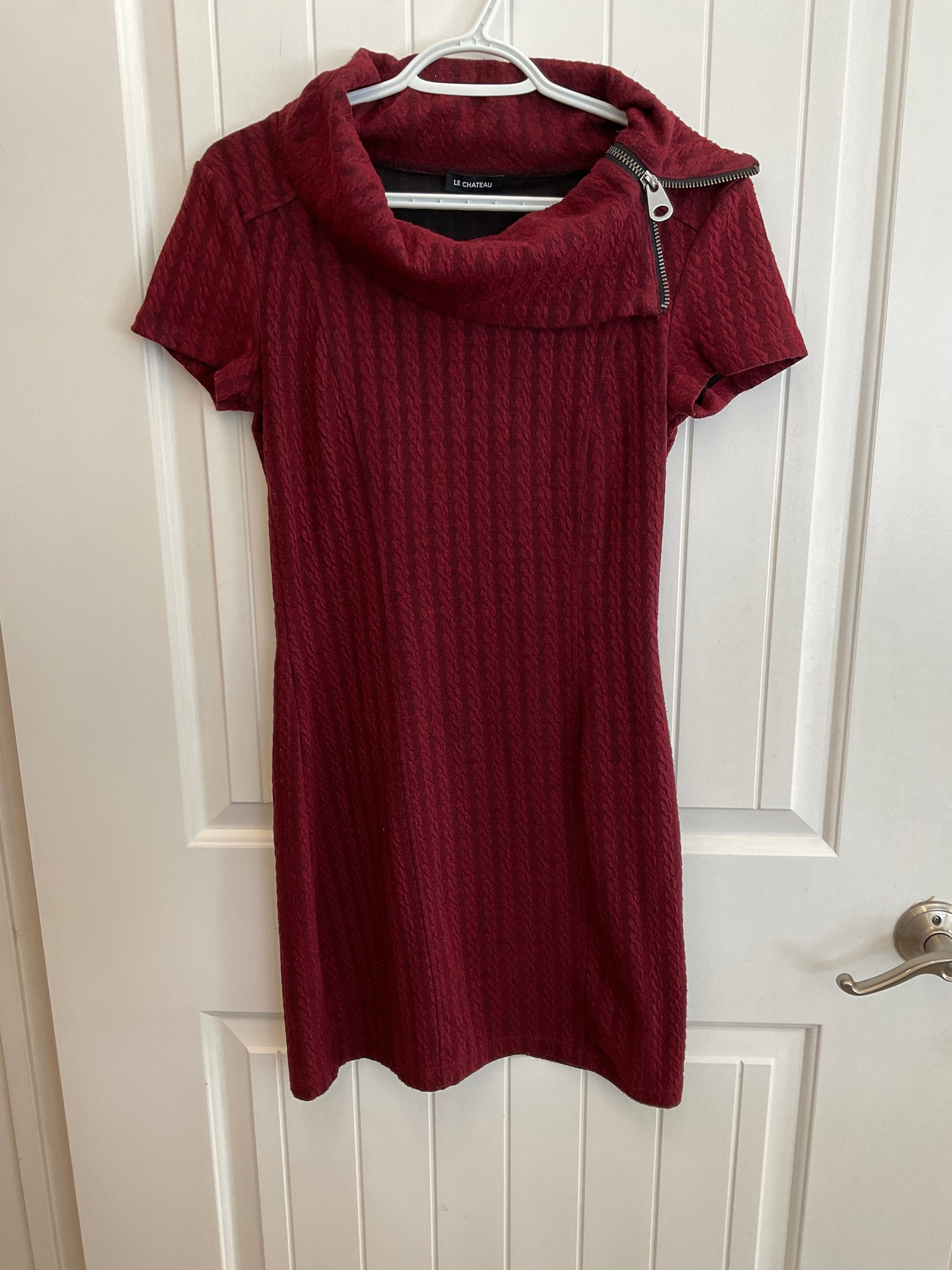 Red le chateau dress with cowel neckline and zipper on collar