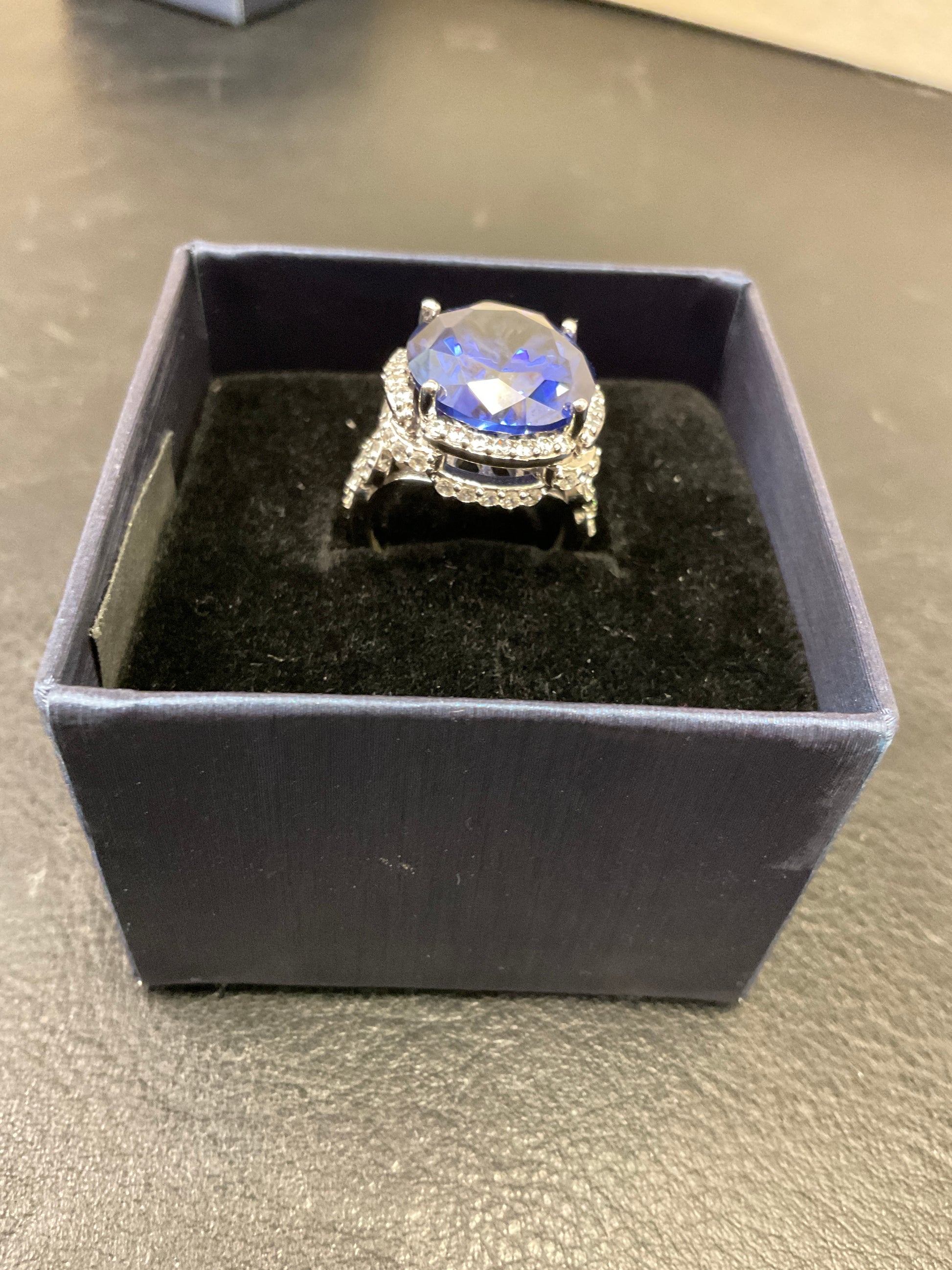 Faux Sapphire Diamond Halo 925 Silver Ring Size 6 Engagement Ring