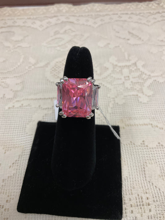 Art Deco Style .925 Sterling Silver 8CTW Canary Yellow Pink Clear AAA CZ Rectangle Emerald Cut Cocktail Statement Engagement Ring For Women Cubic Zirconia Baguette Side Stones