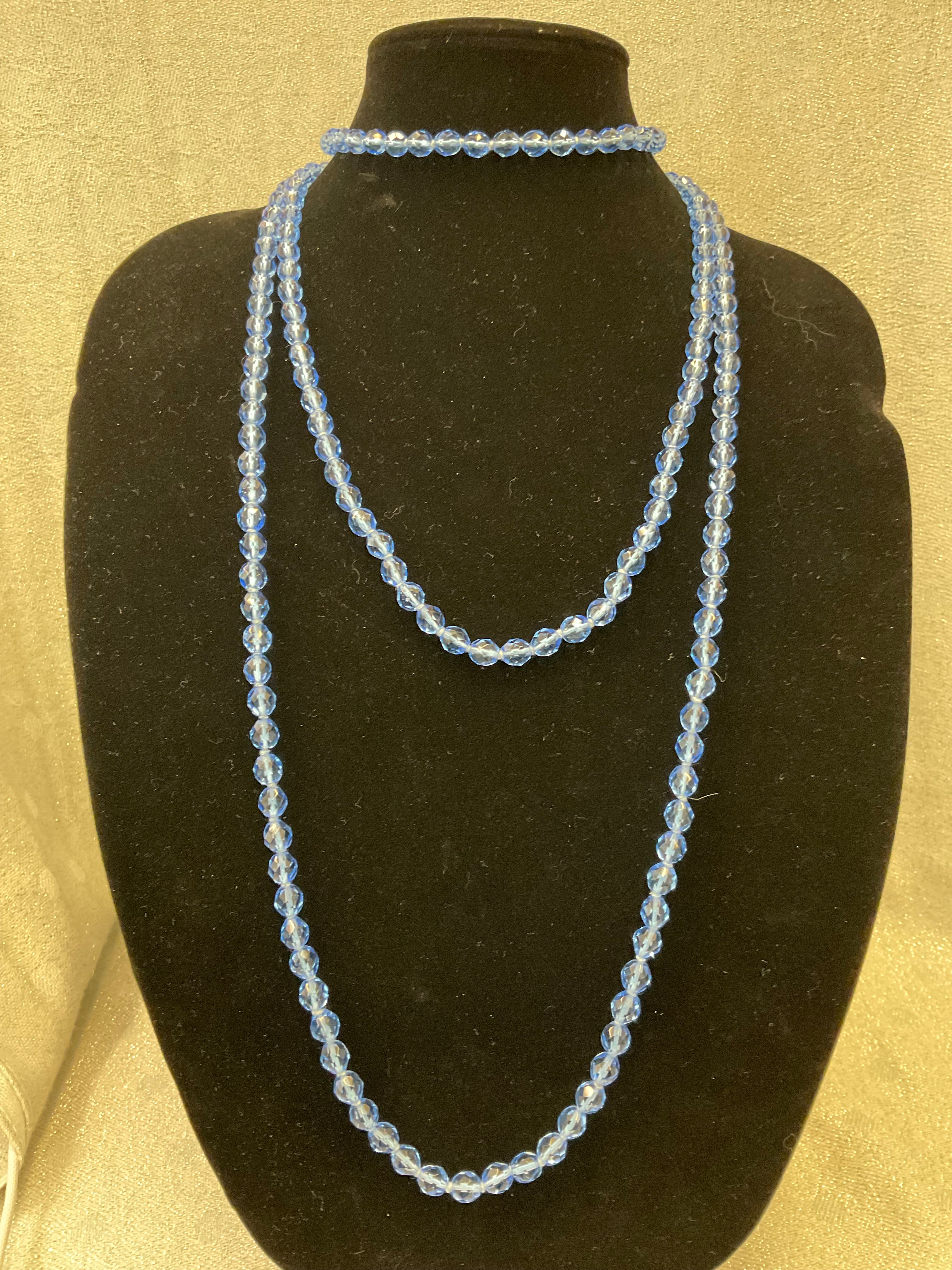 Long Blue bead necklace with gold clasp