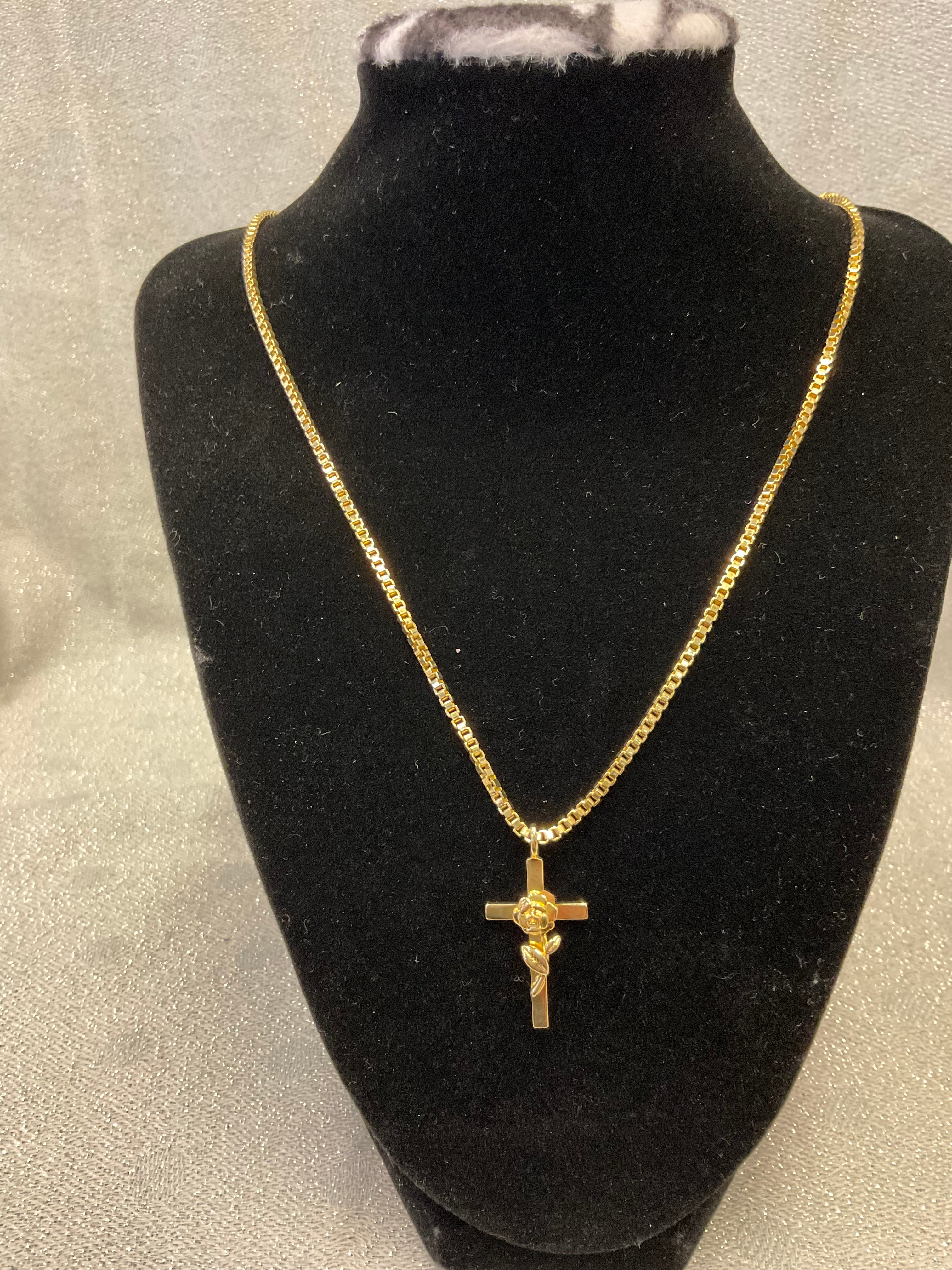 Gold cross necklace with rose detail