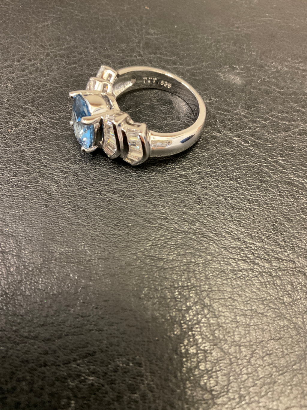 Delicate Swiss Blue Topaz Engagement Ring with Baguette Side Stones 925