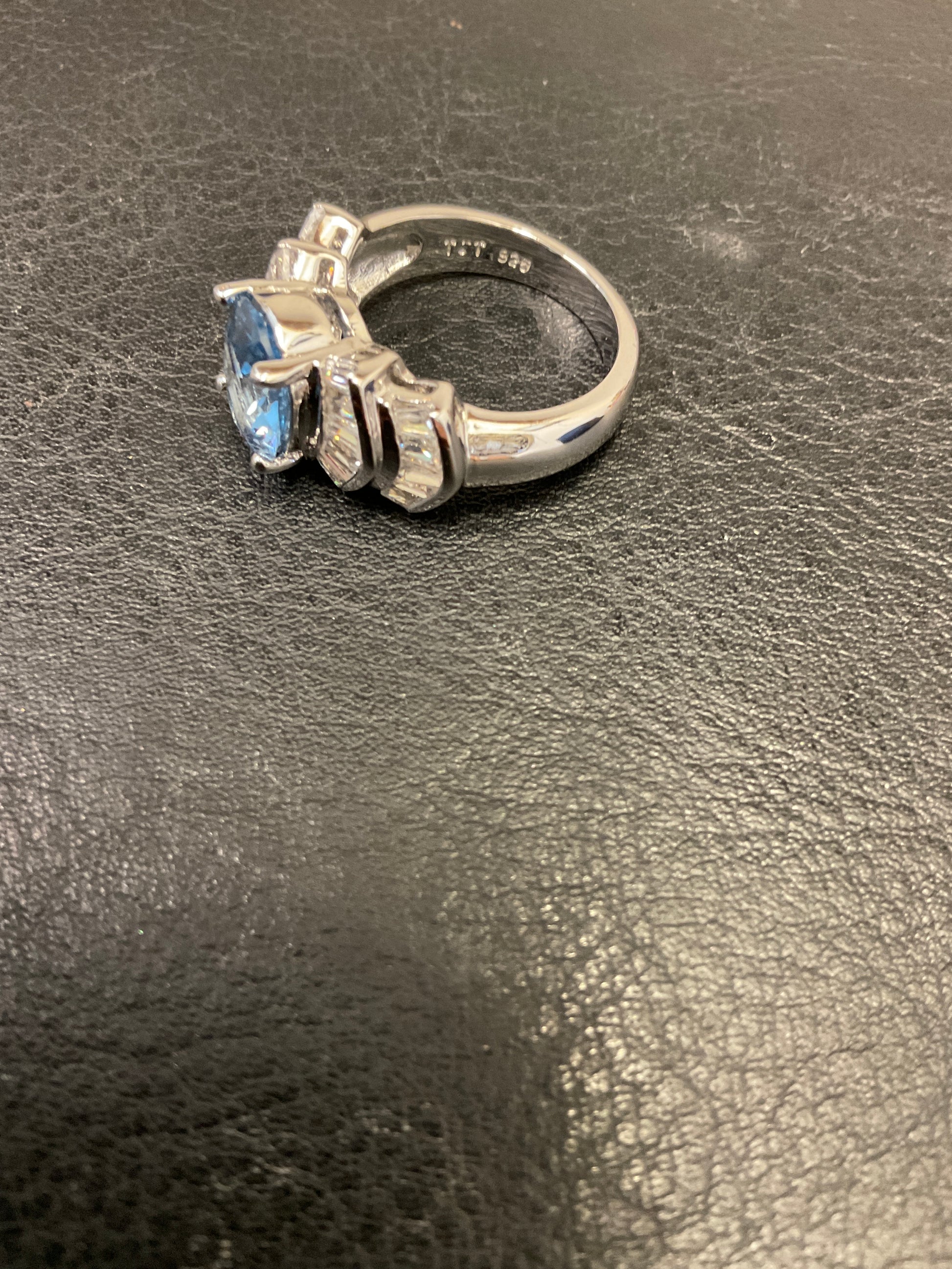 Delicate Swiss Blue Topaz Engagement Ring with Baguette Side Stones 925