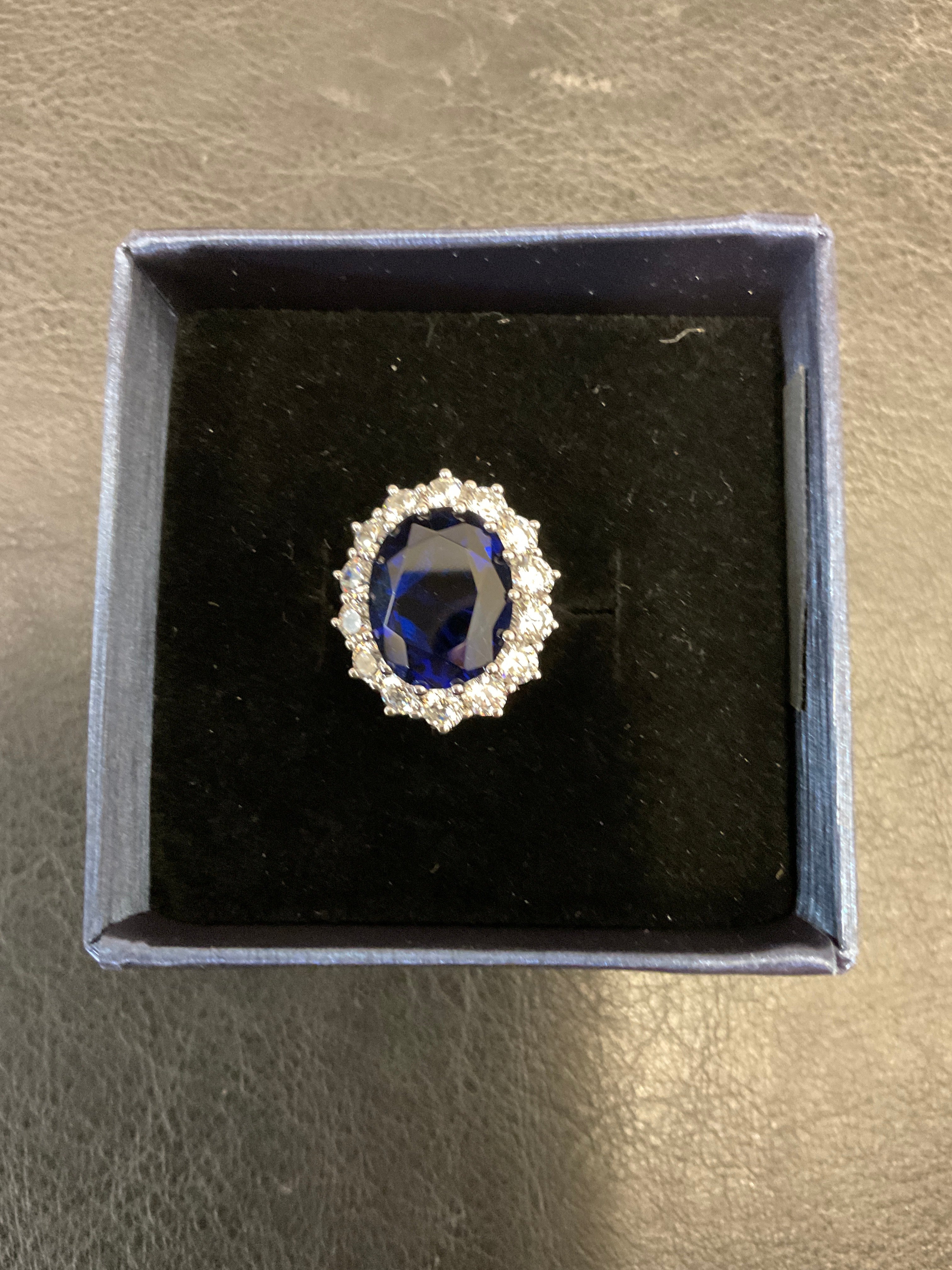 Vintage Art Deco Style Cocktail Ring with Large Oval Solitaire AAA CZ Baguette Halo Simulated Sapphire Blue