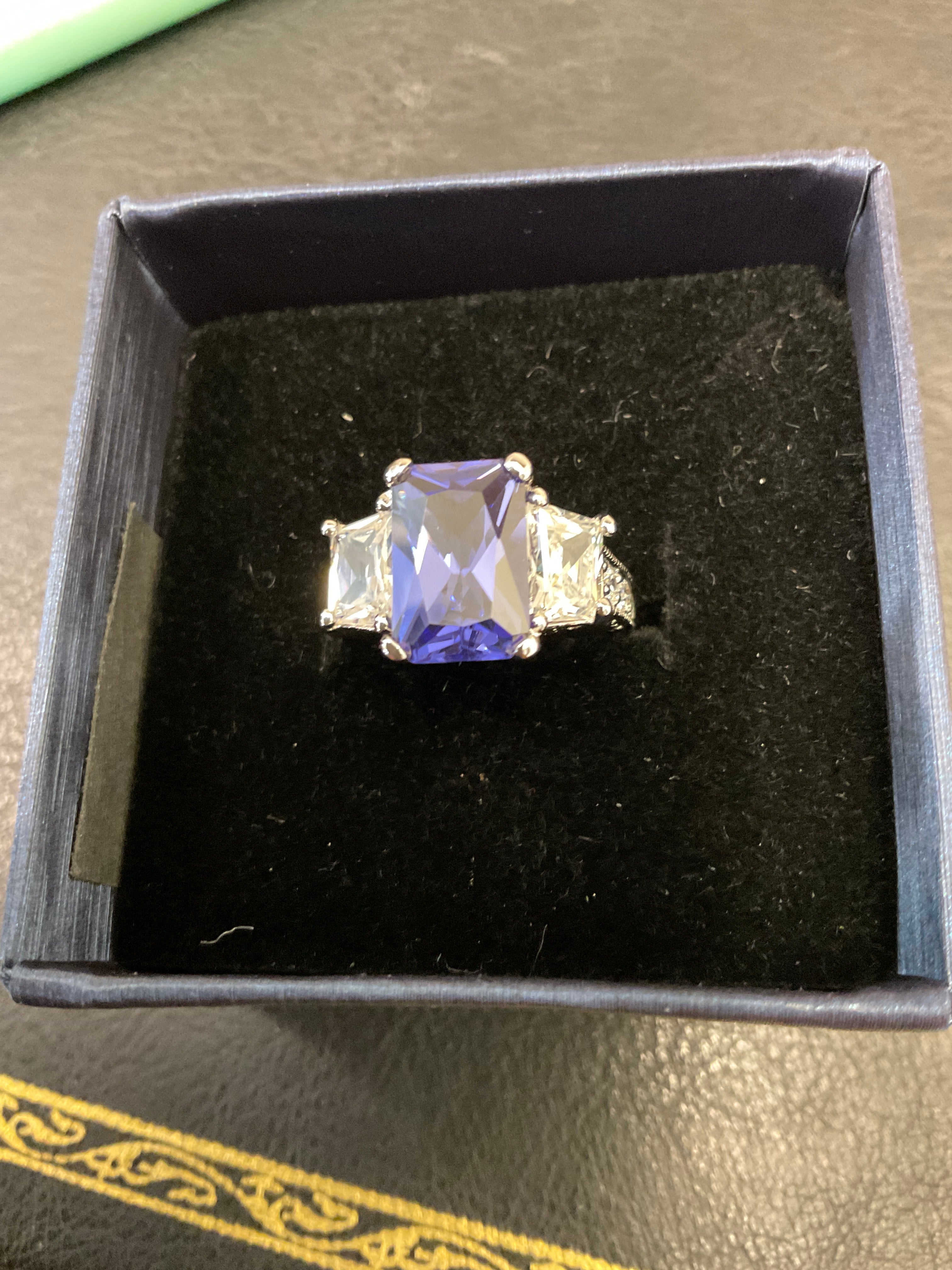 Sterling Silver Rectangular Blue CZ Ring