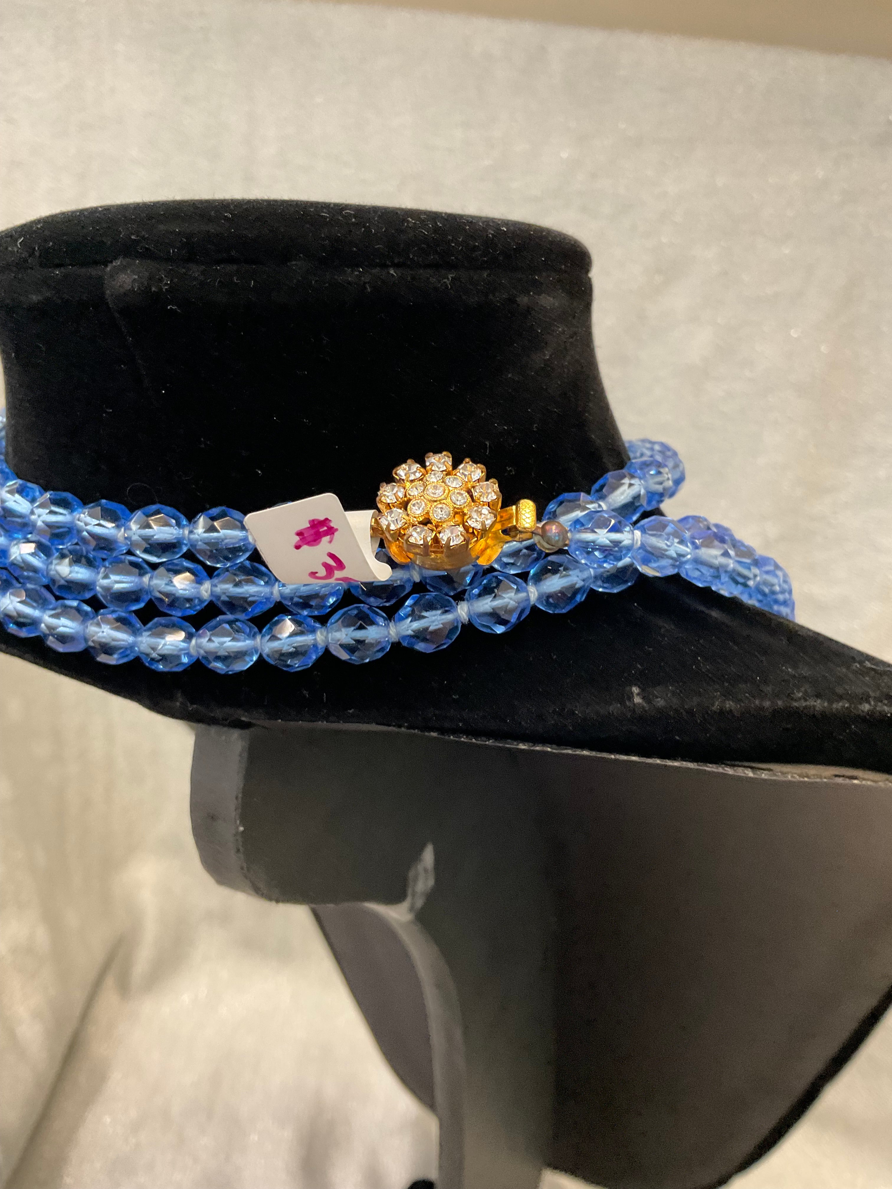 Long Blue bead necklace with gold clasp