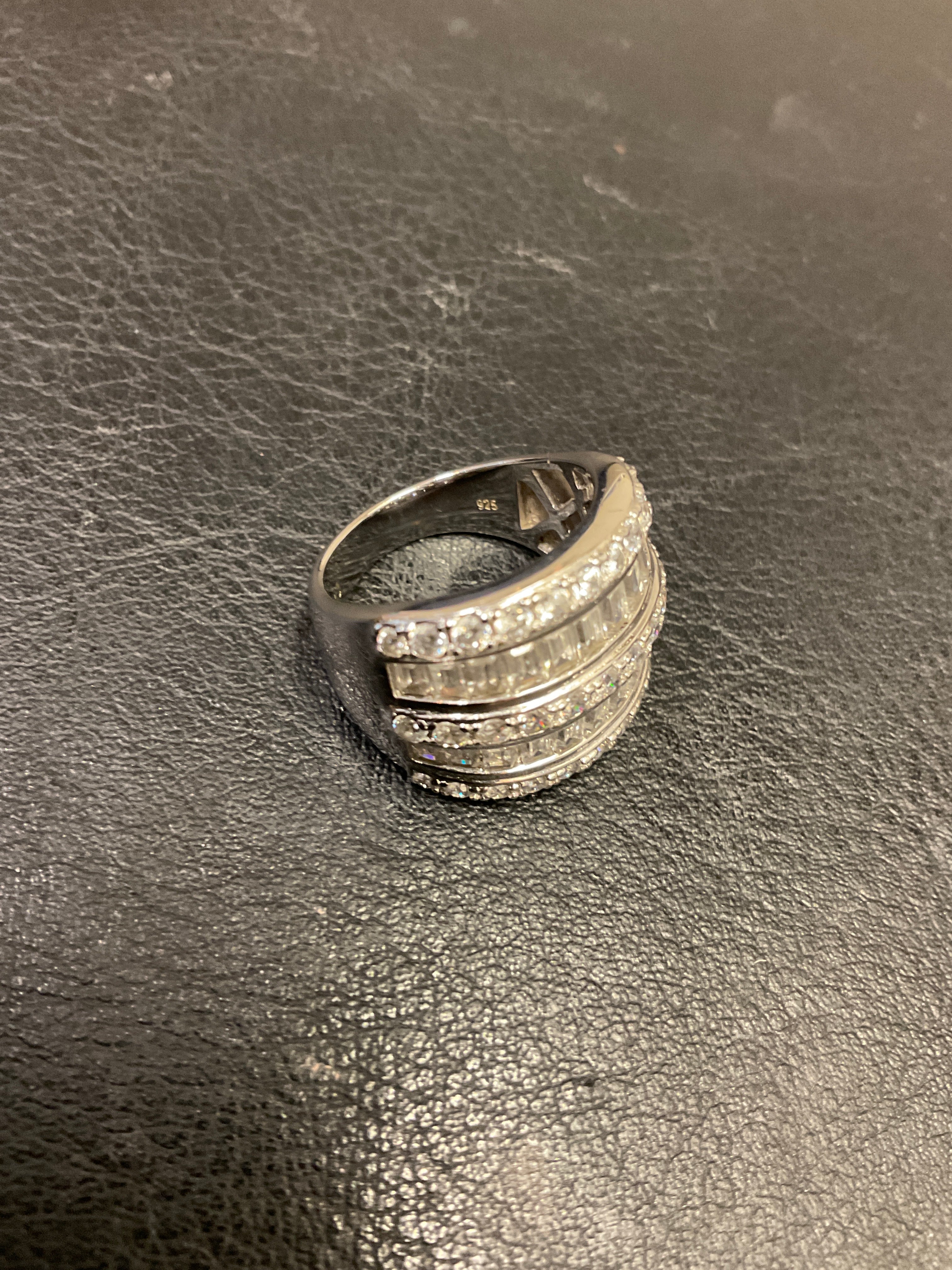 Sterling Silver Wide 5 Row Channel Set Baguette and Round CZ Modernist Band Ring