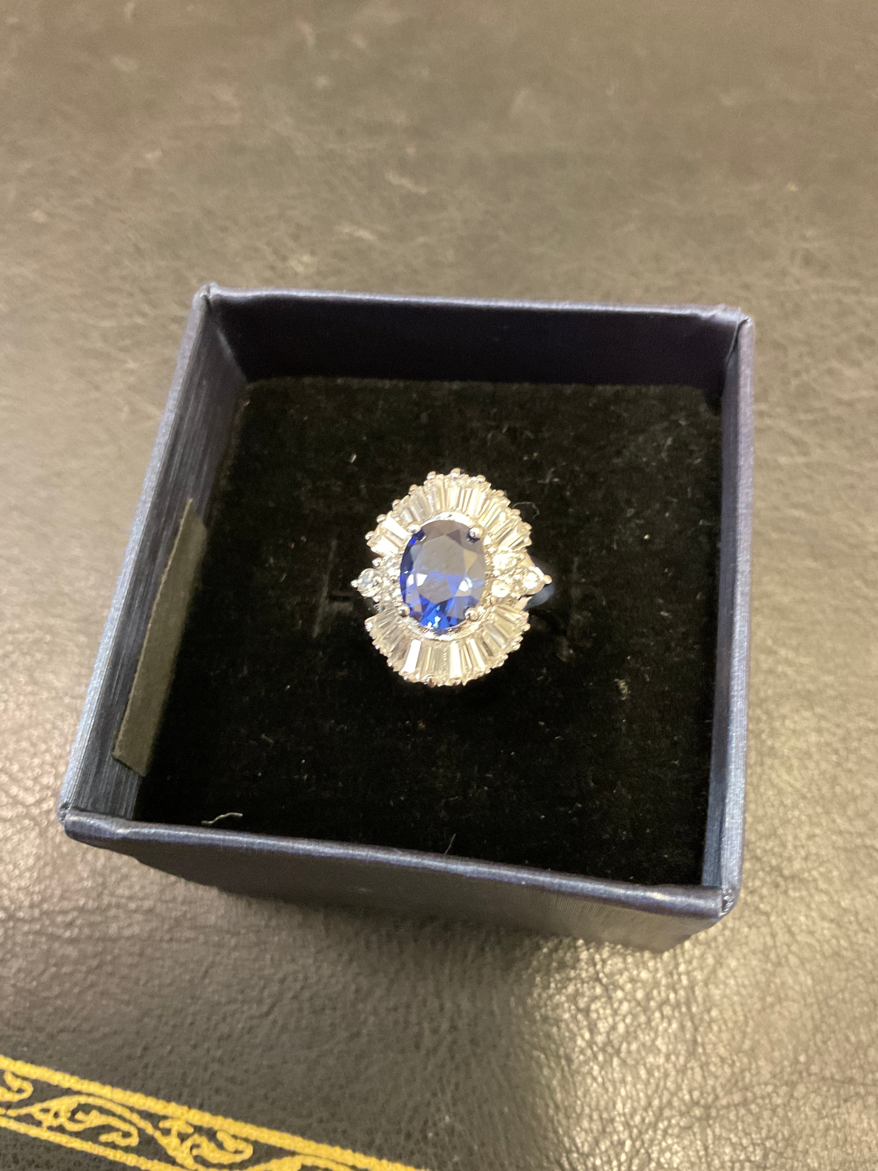 Sterling Silver Blue Sapphire & Cubic Zirconia Cocktail Ring; Size 6.75