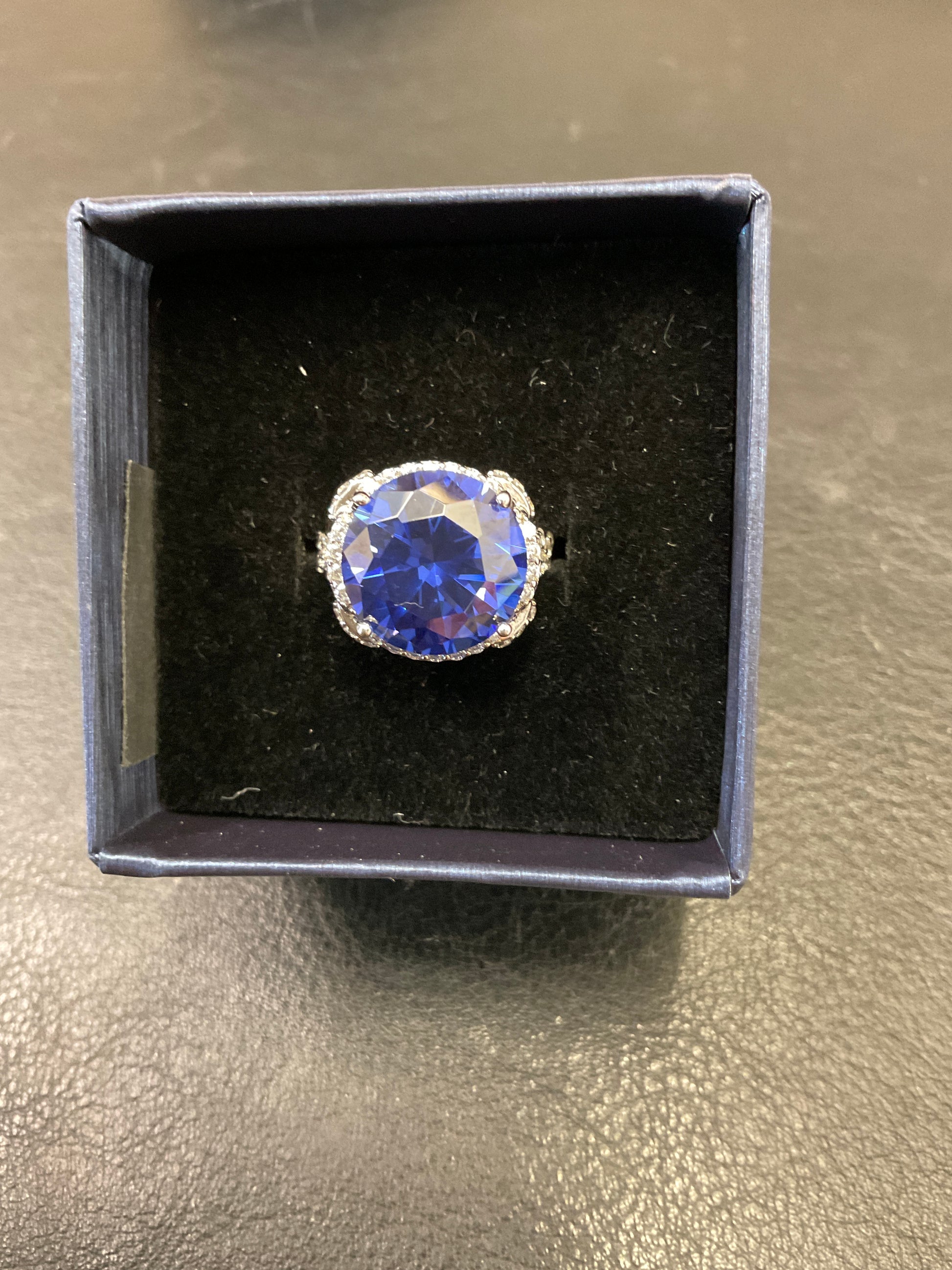 Faux Sapphire Diamond Halo 925 Silver Ring Size 6 Engagement Ring