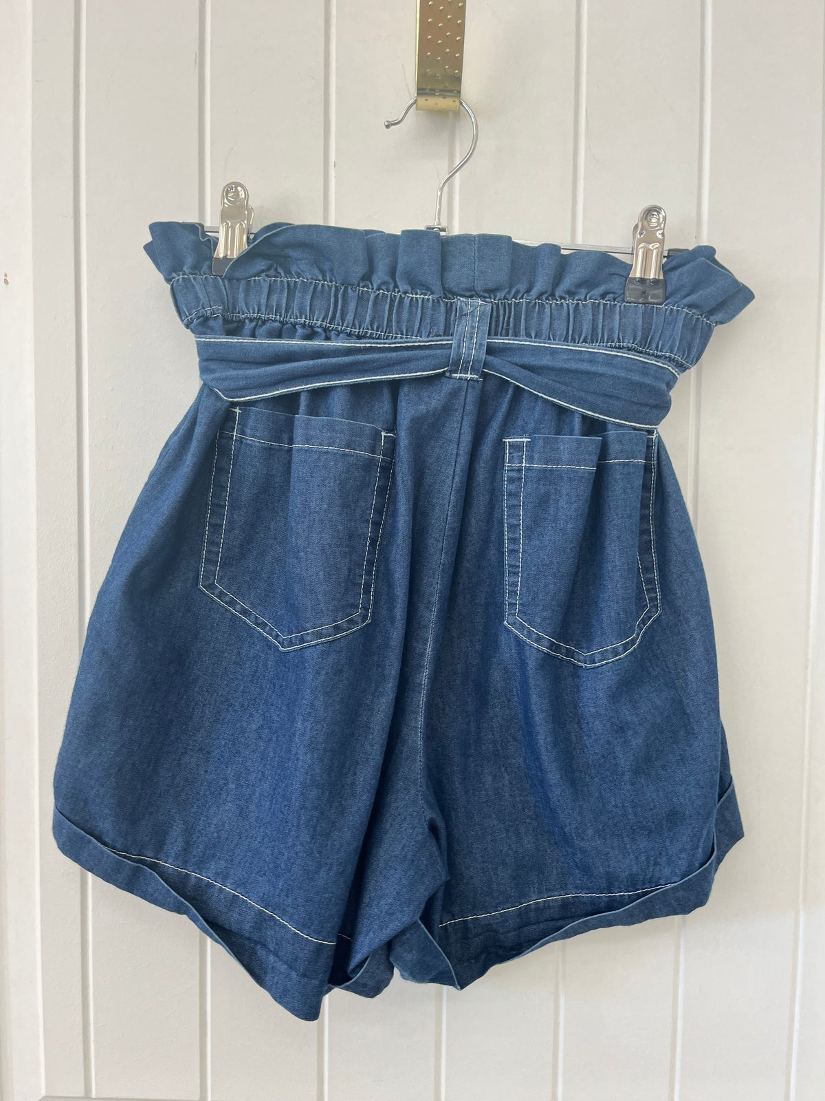 Dark Wash Paper-bag Waist Shorts