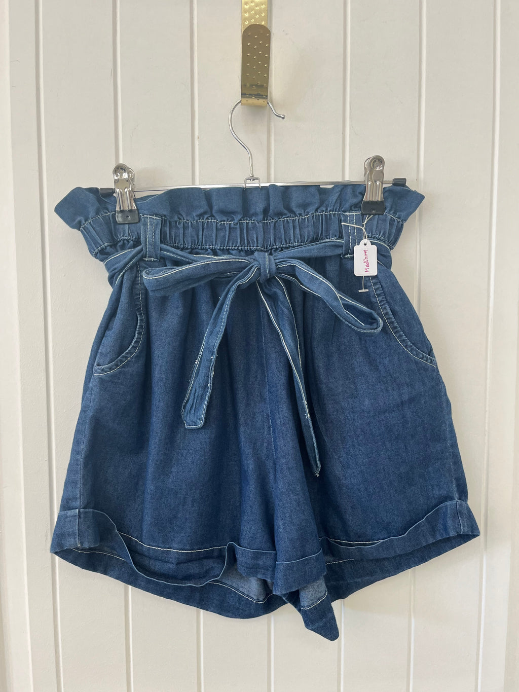 Dark Wash Paper-bag Waist Shorts
