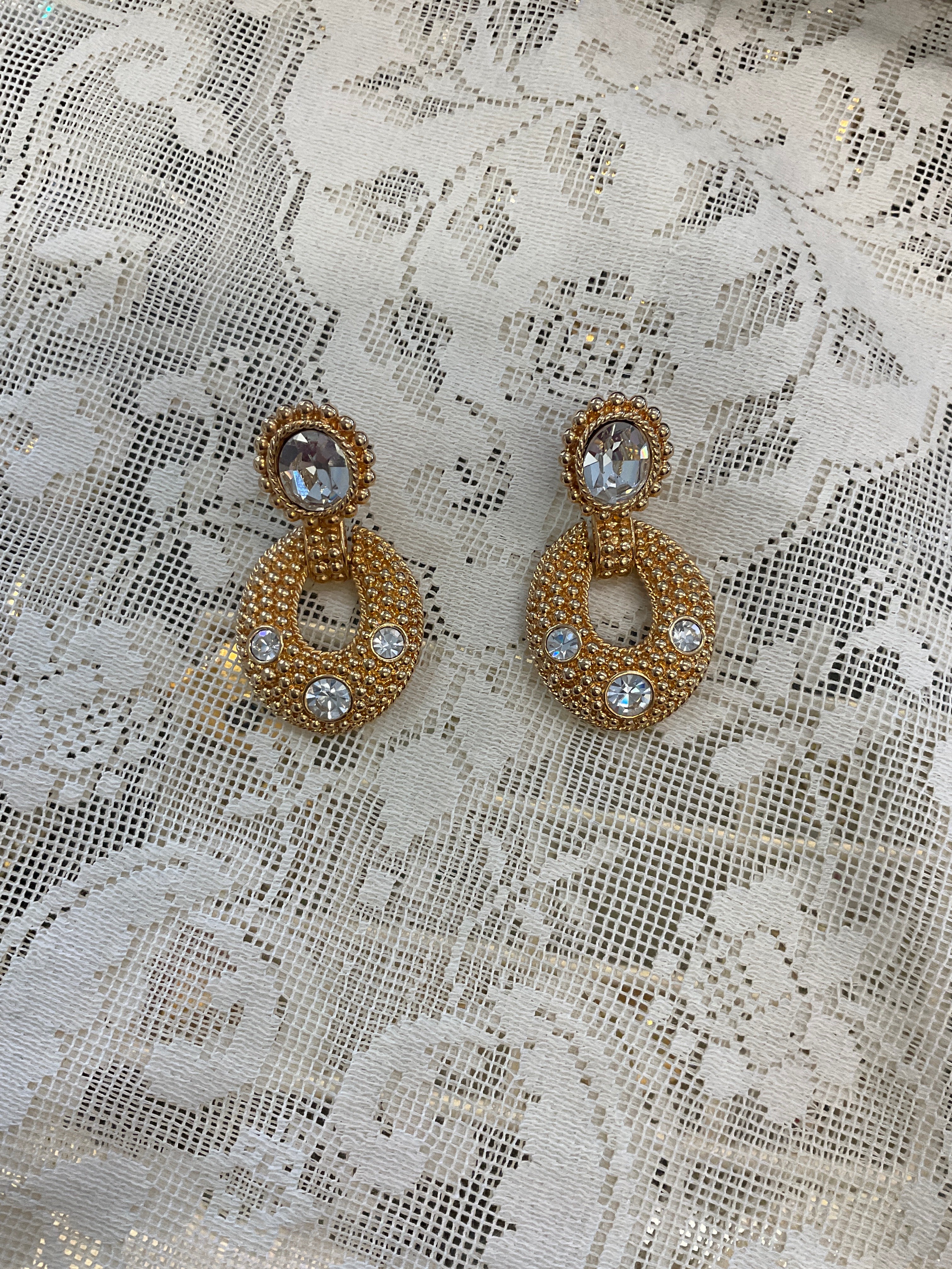 Vintage mark Swarovski crystal gold plated dangle earrings clip on