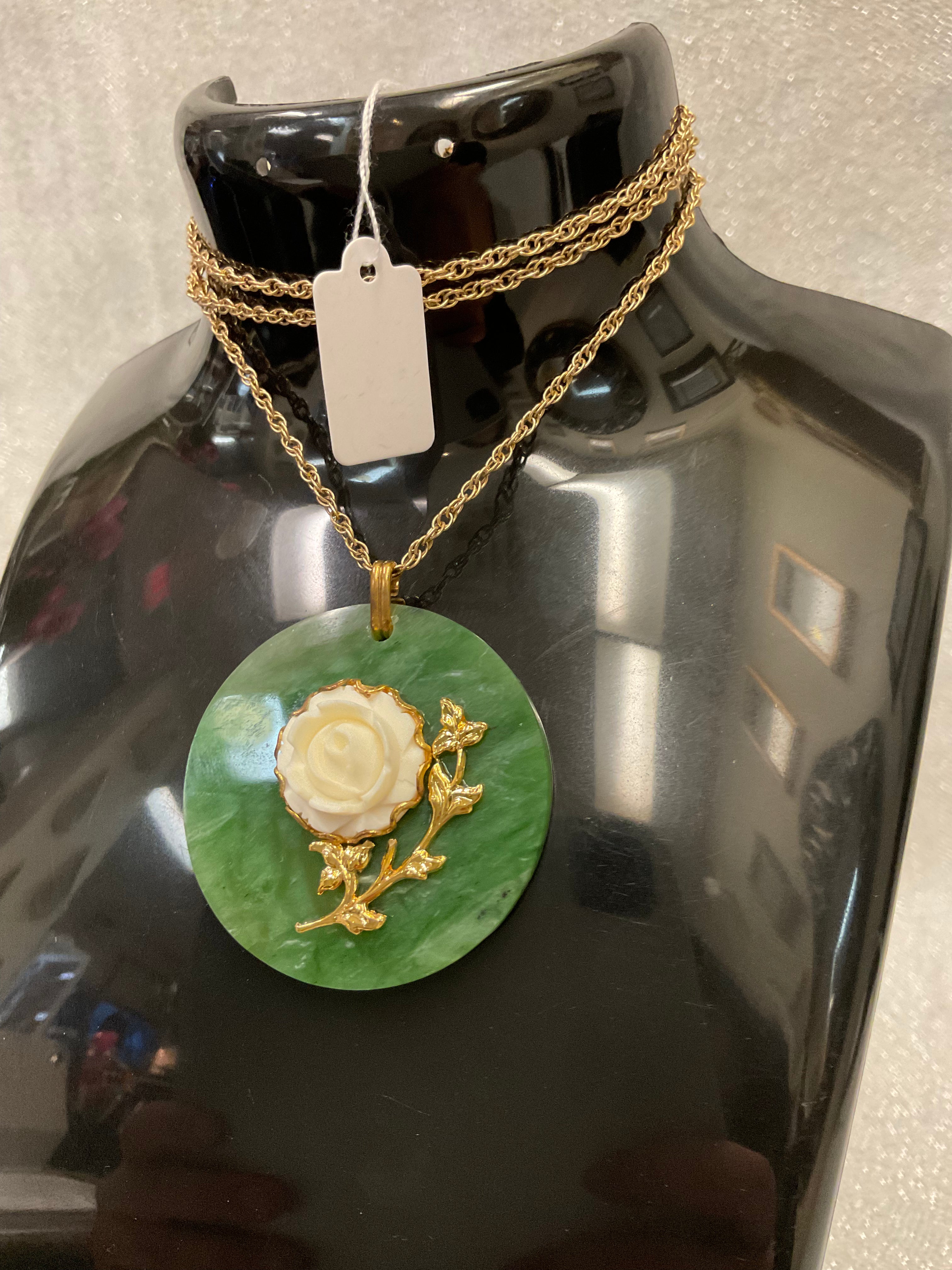 Large Jade rose detail pendant necklace with gold chain