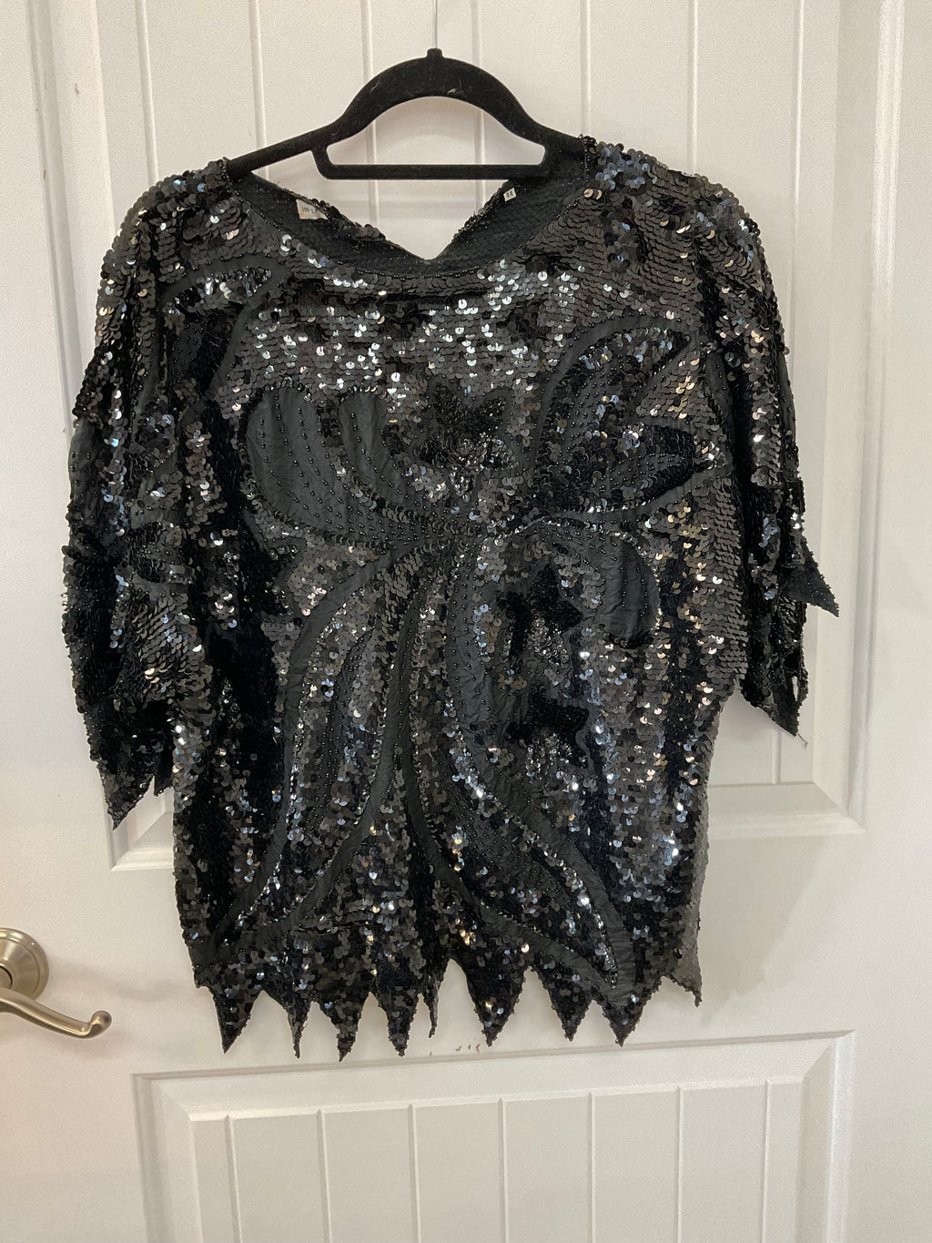 Vintage 80s fully beaded black sequin top with jagged hem