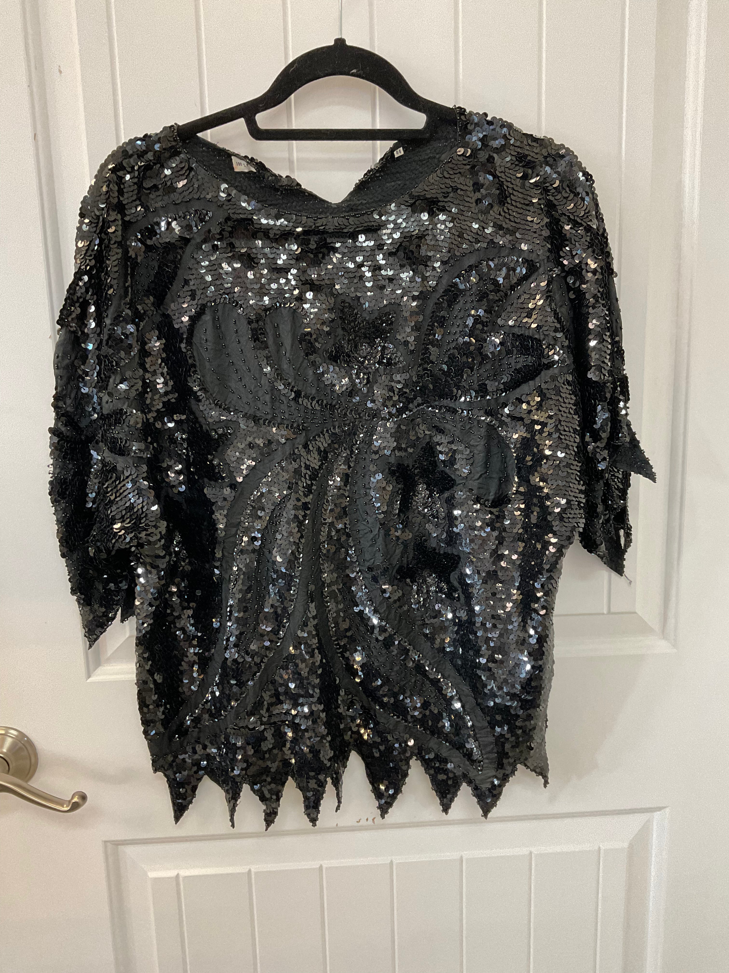 Vintage 80s fully beaded black sequin top with jagged hem