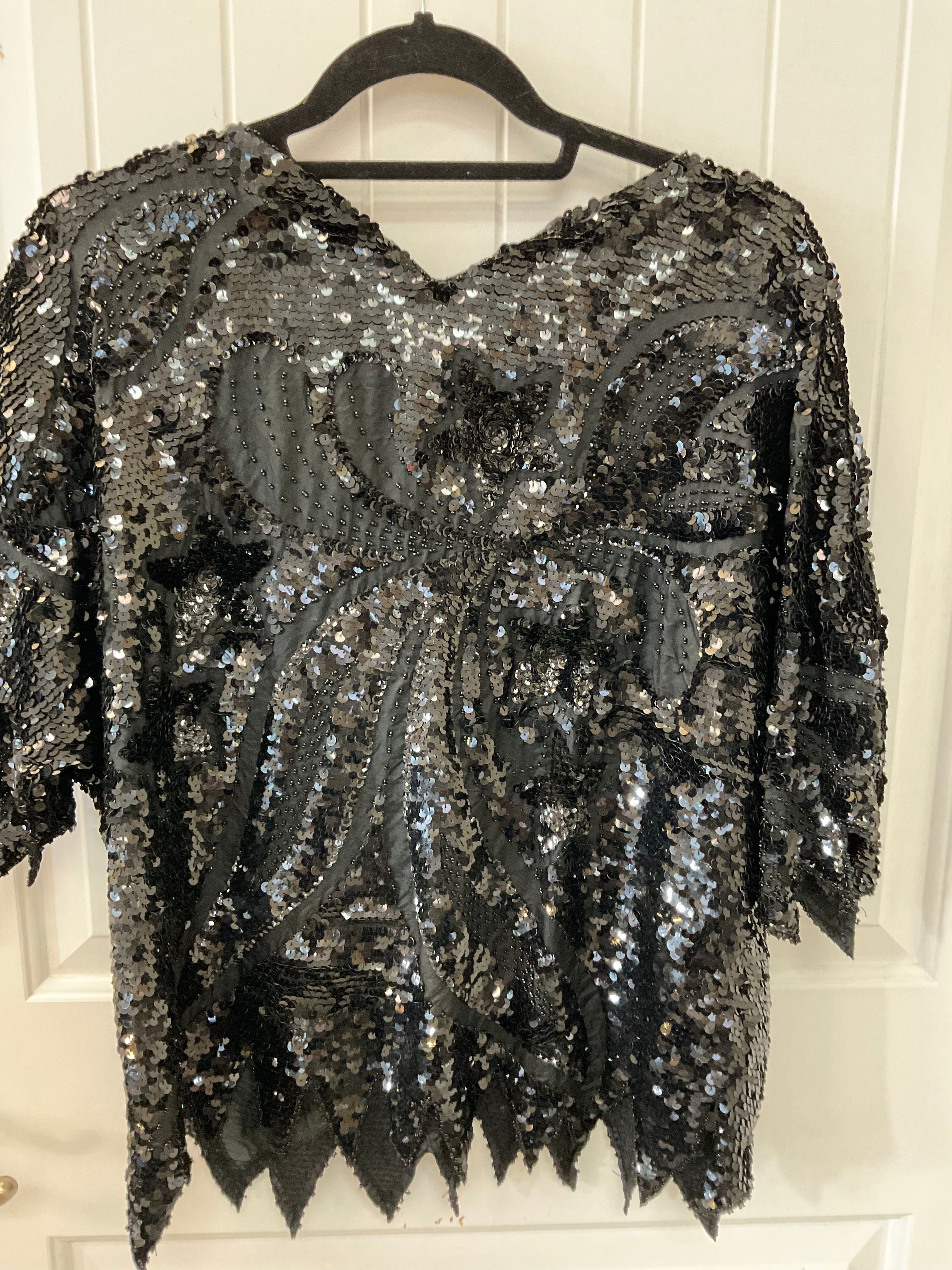 Vintage 80s fully beaded black sequin top with jagged hem