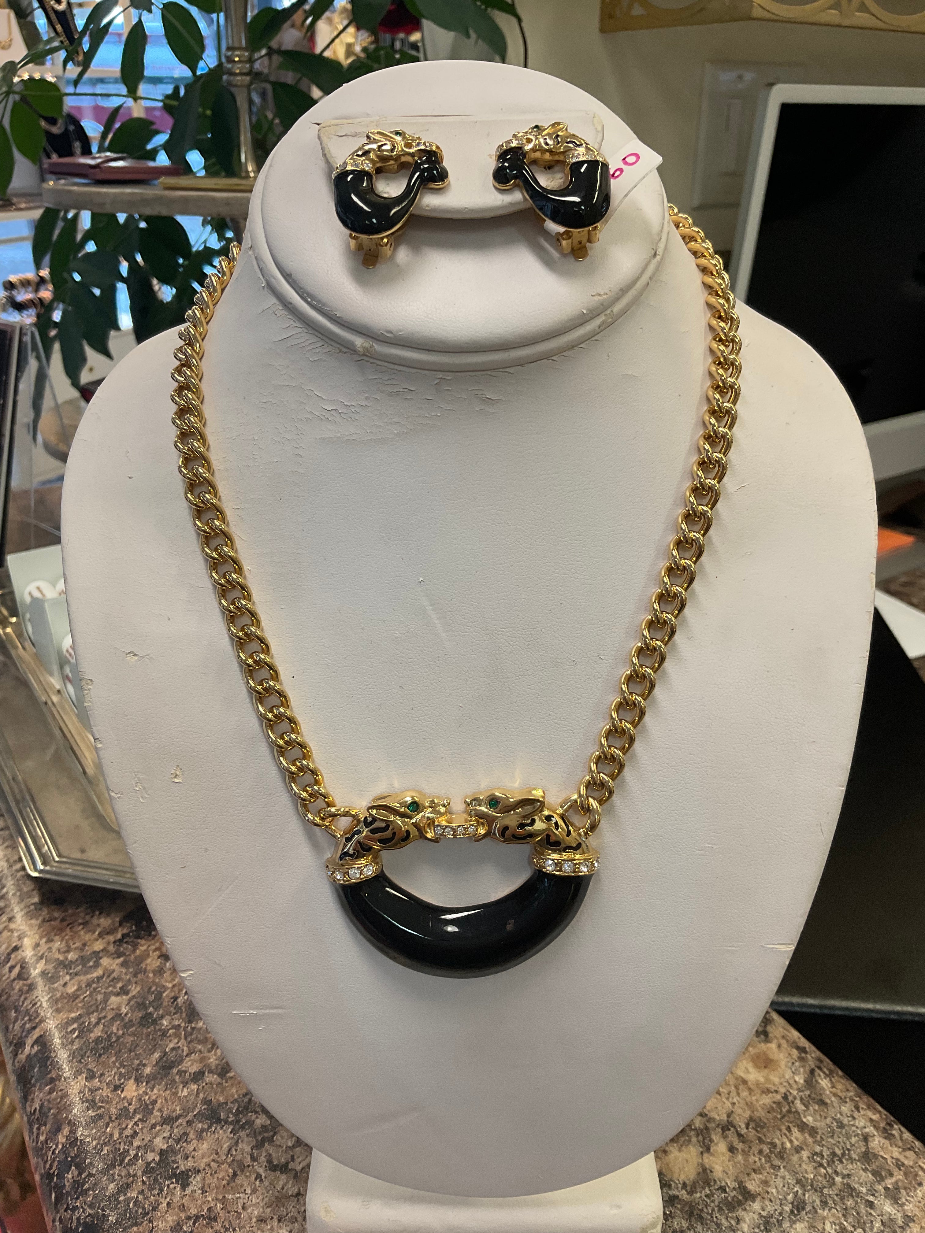 Vintage Gold & Black Statement Necklace & Earring Set
