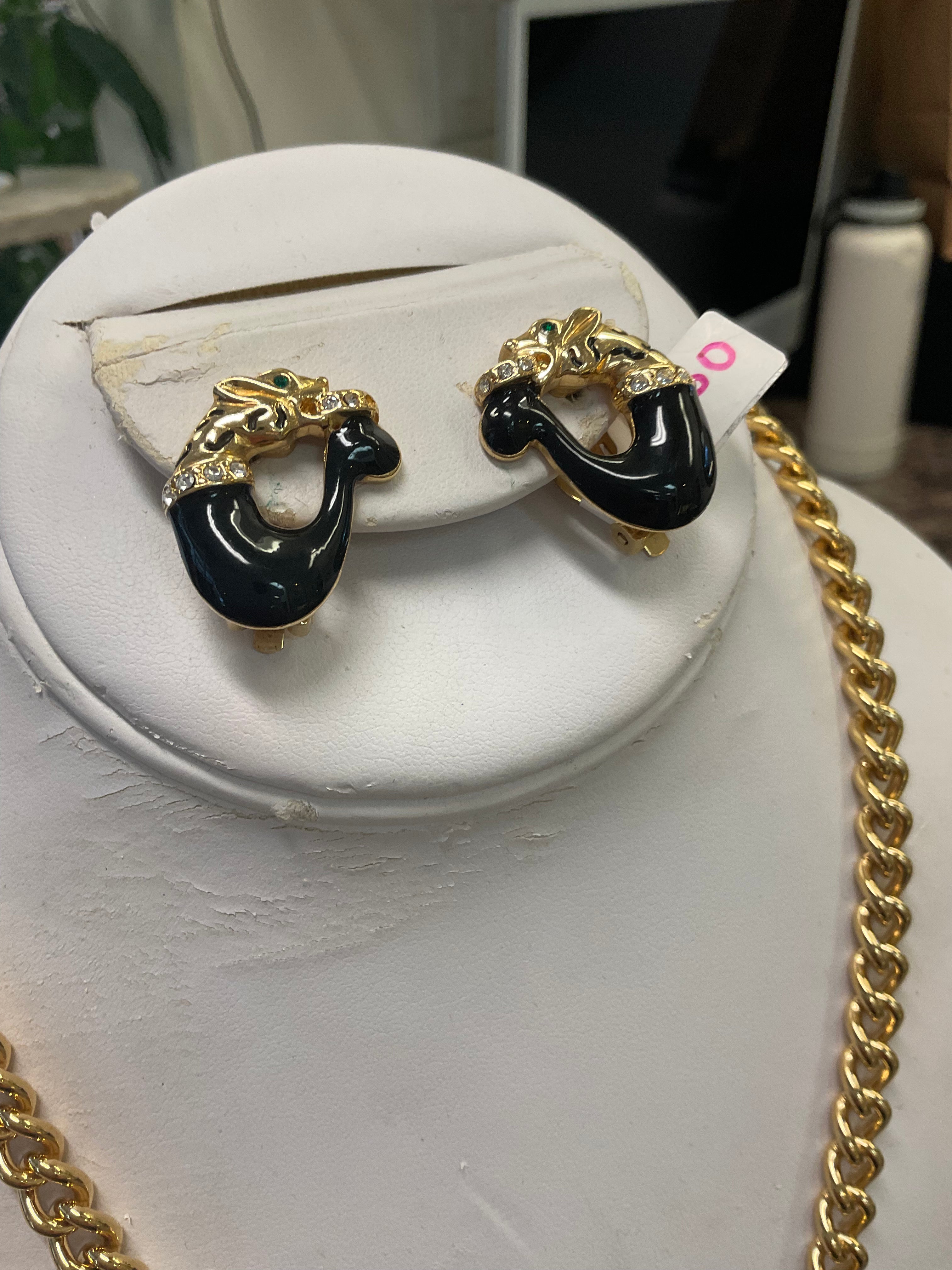 Vintage Gold & Black Statement Necklace & Earring Set
