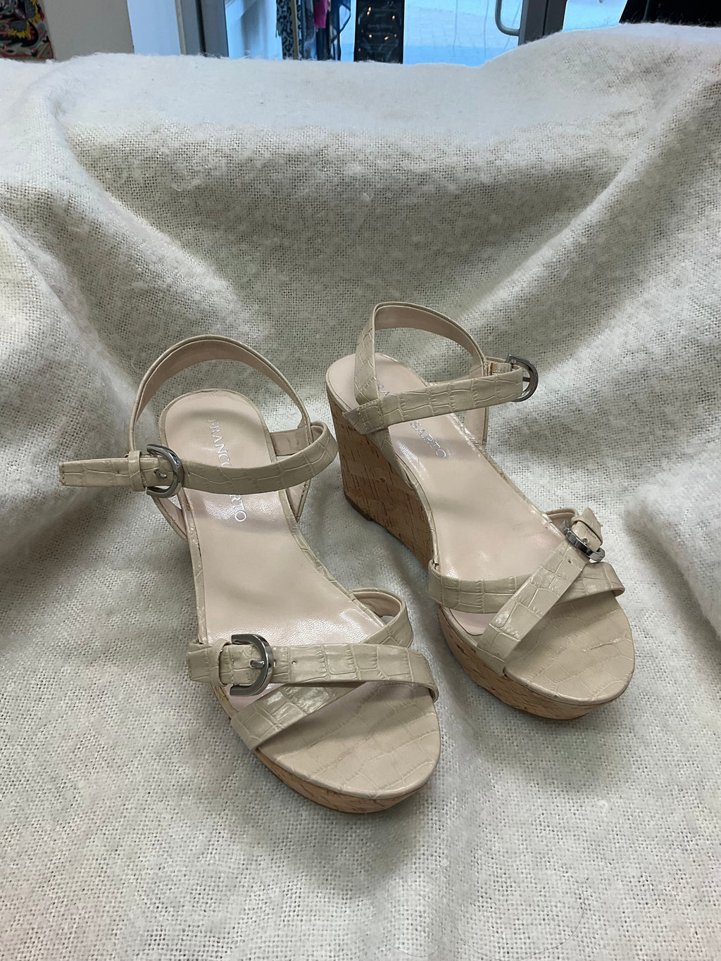 Franco Sarto faux leather cork wedge heels
