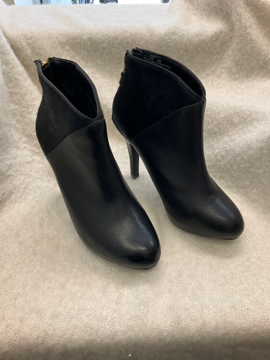 MTNY BLACK LEXINGTON REAL FUR AND LEATHER DYED COW HAIR CALF ANKLE BOOTS 8M